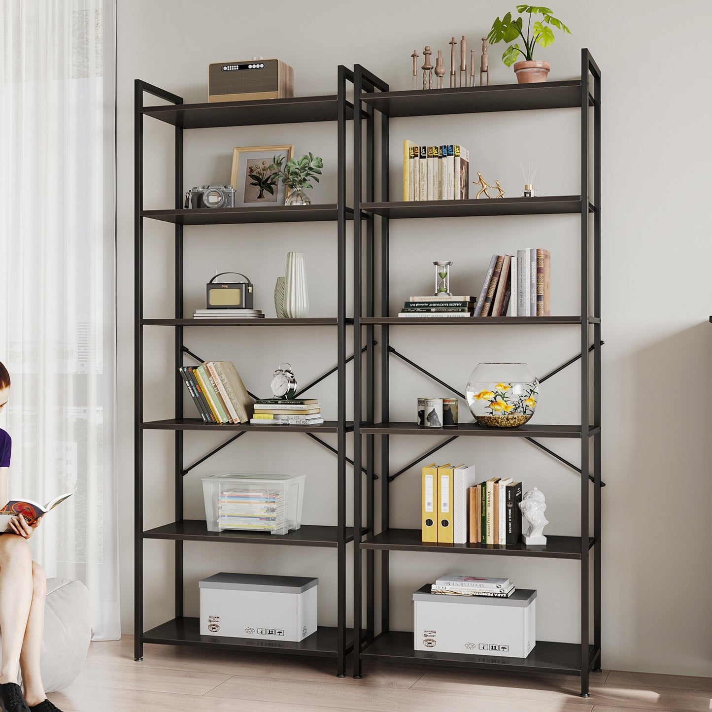 Casacomoda 6-Tier Tall Bookshelf, Large Bookcase with Steel Frame, Deep Book Shelf for Living Room, Home Office, Study, Industrial Style, Black