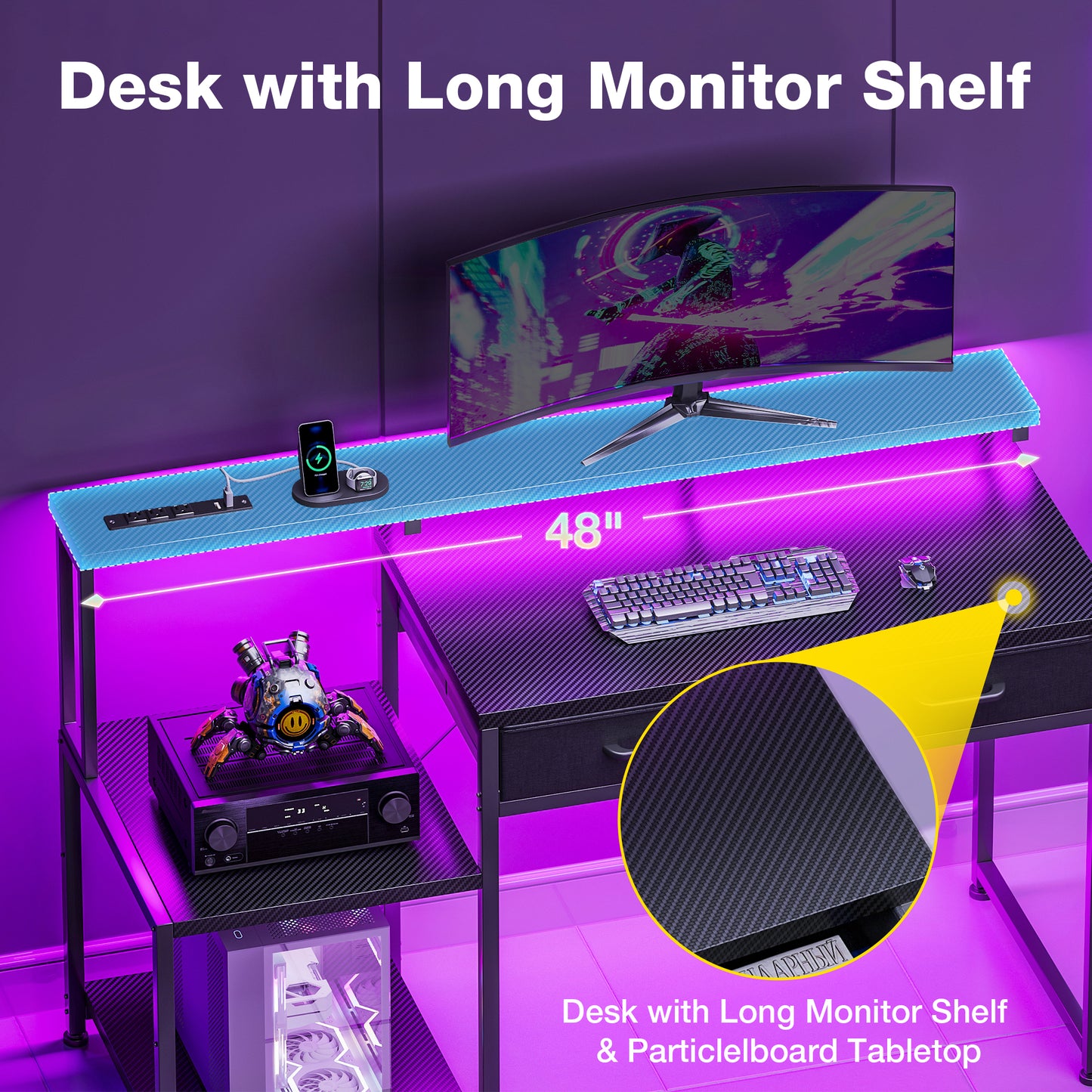Casacomoda Computer Desk, 48 Inch Gaming Desk with Led Lights & Power Outlet, Home Office Desk with Monitor Shelf, Reversible Desk with Printer Stands, Carbon Fiber Black