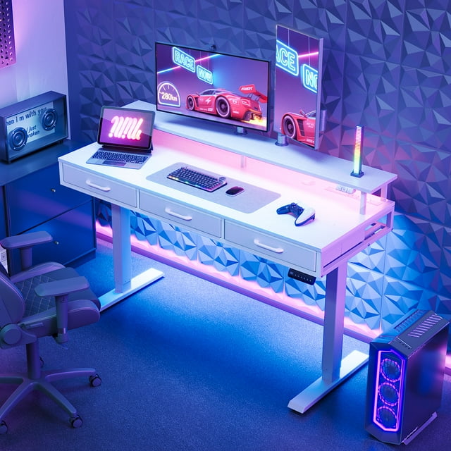 Casacomoda Electric Standing Desk with Power Outlets and LED Lights, Adjustable Height Sit Stand Desk with Monitor Shelf & 3 Fabric Drawers for Home Office, White
