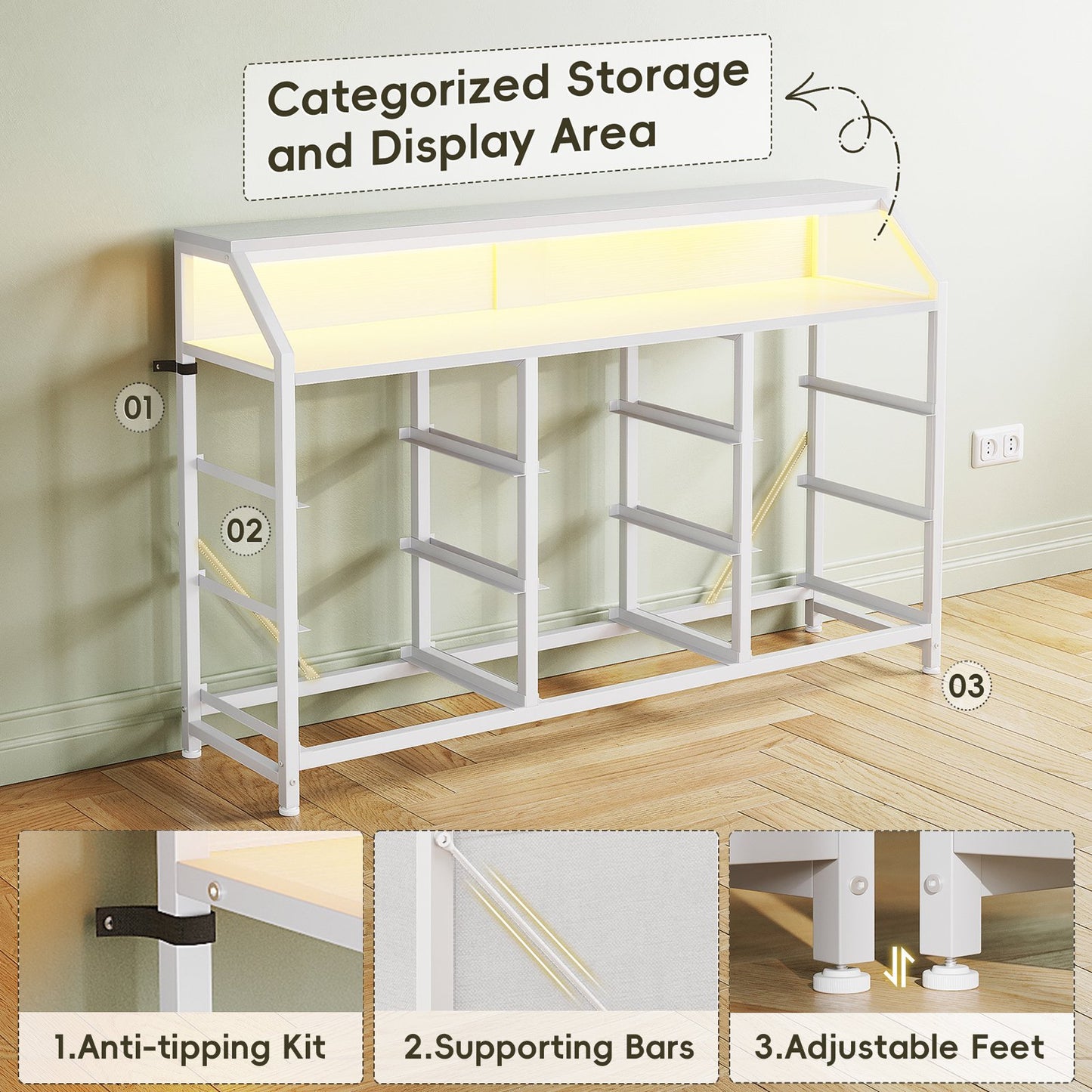 Casacomoda 55 inch Dresser with LED Lights, Dresser for Bedroom with 9 Storage Drawers, White