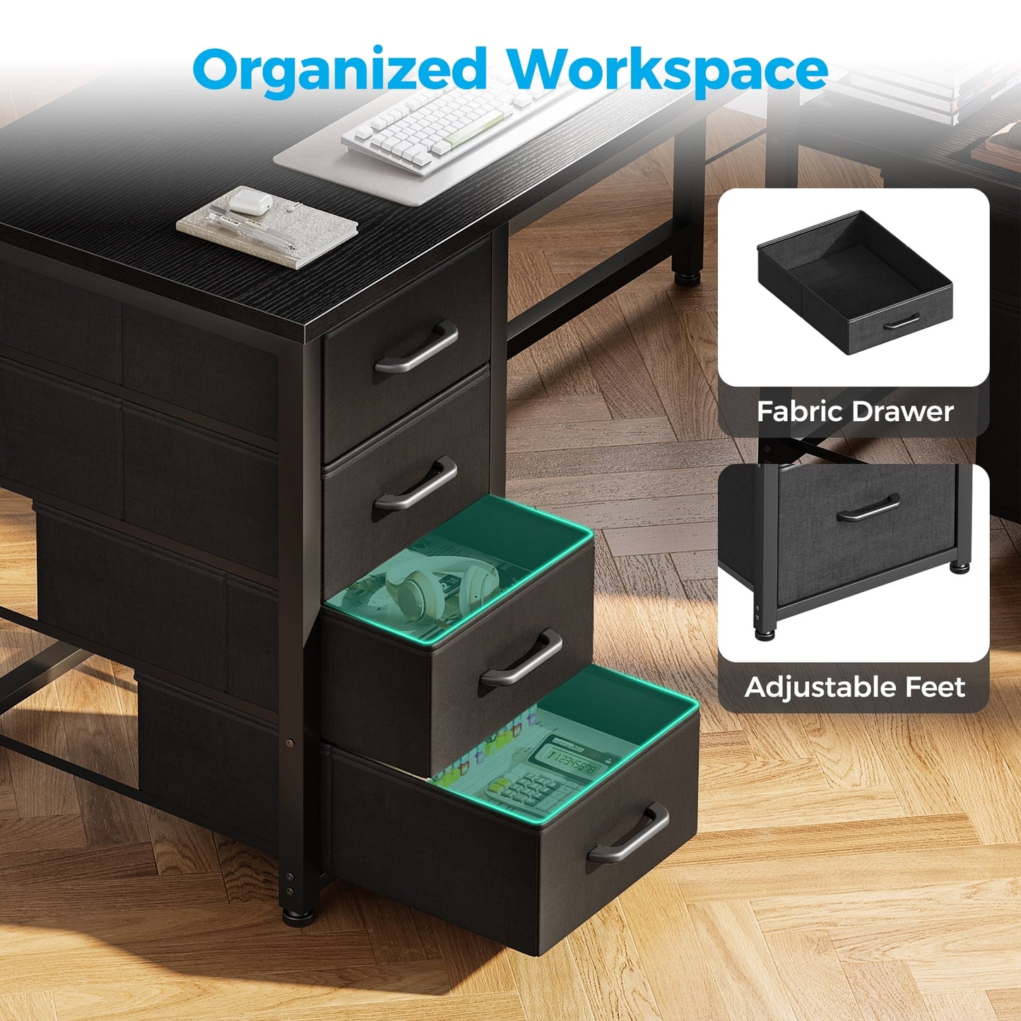 Casacomoda 55 inch Computer Desk with 5 Drawers and File Cabinet for Storage, Office Desk with Storage Shelf & Power Outlets, Home Office Desks, Black