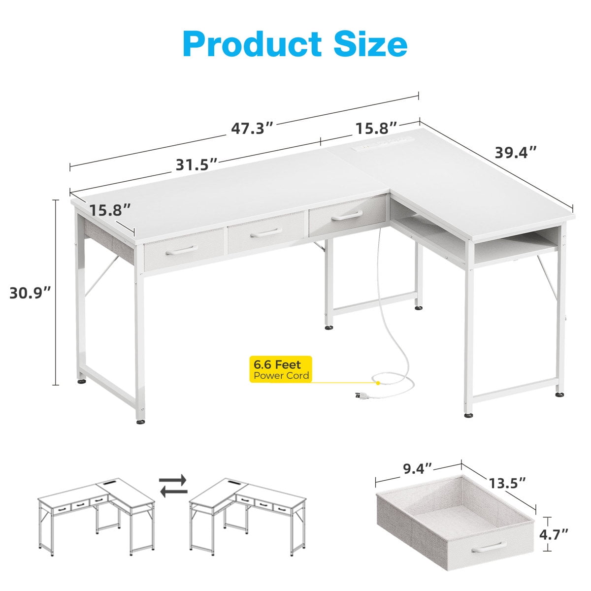 Casacomoda 48 inch L Shaped Computer Desk with 3 Drawers, Corner Desk with Power Outlets & Reversible Storage Shelves, Simple Computer Desk for Home Office Gaming, White