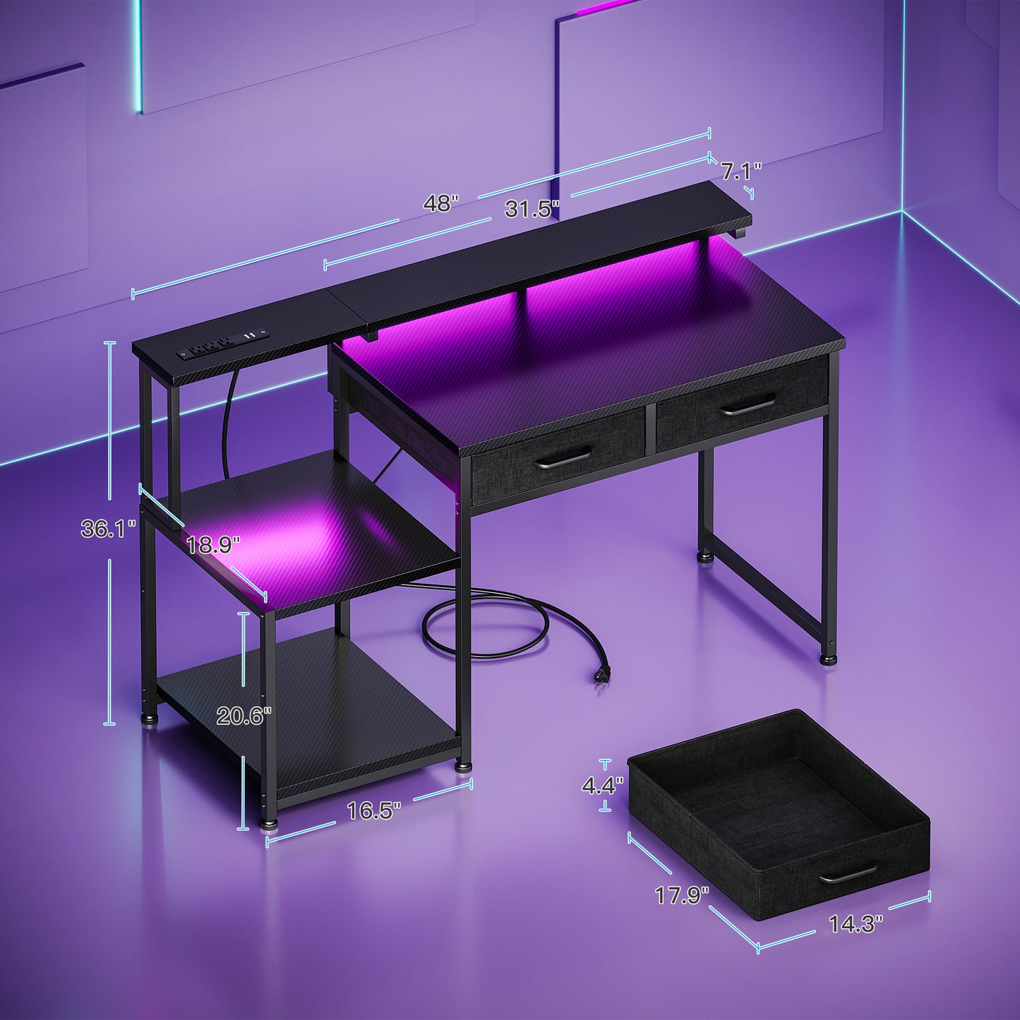 Casacomoda Computer Desk, 48 Inch Gaming Desk with Led Lights & Power Outlet, Home Office Desk with Monitor Shelf, Reversible Desk with Printer Stands, Carbon Fiber Black