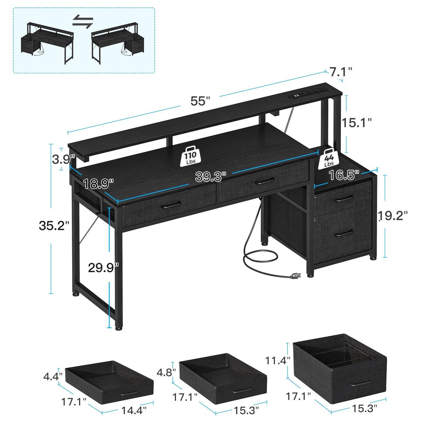 Computer Desk with 4 Drawers, 55 Inch Reversible Desk with Power Outlet, Home Office Desk with File Drawer & Monitor Stand, Black