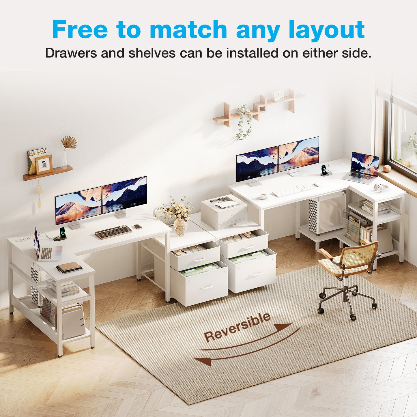 Casacomoda L Shaped Desk with Power Outlets, Large Computer Desk with File Drawer, Home Office Desk with Printer Stand & Storage Shelves, Corner Desk, White