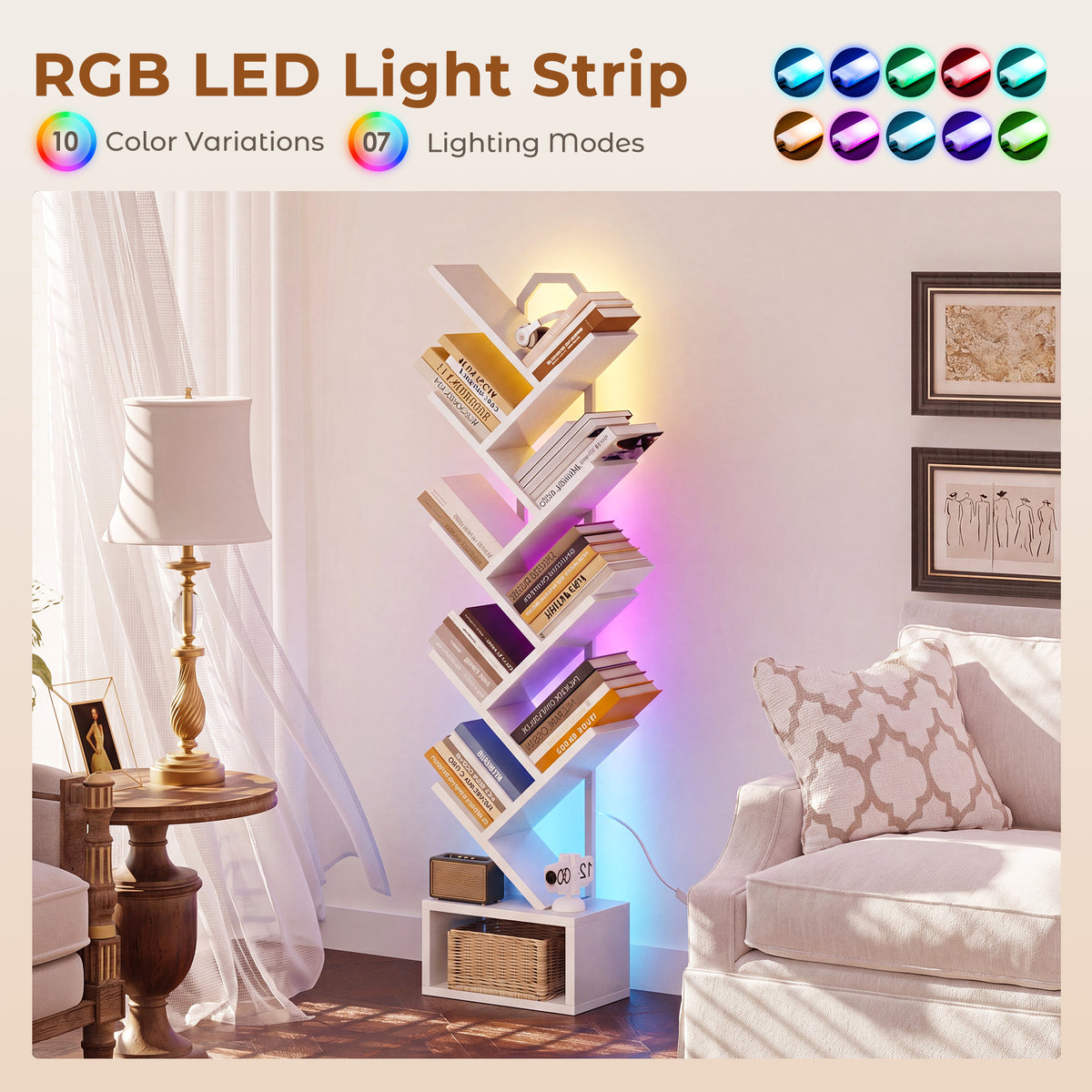 Casacomoda 8 Tier Tree Bookshelf, Bookcase with LED Lights, Display Floor Standing Storage Shelf, Book Organizer Shelves for Home Office, Living Room, White