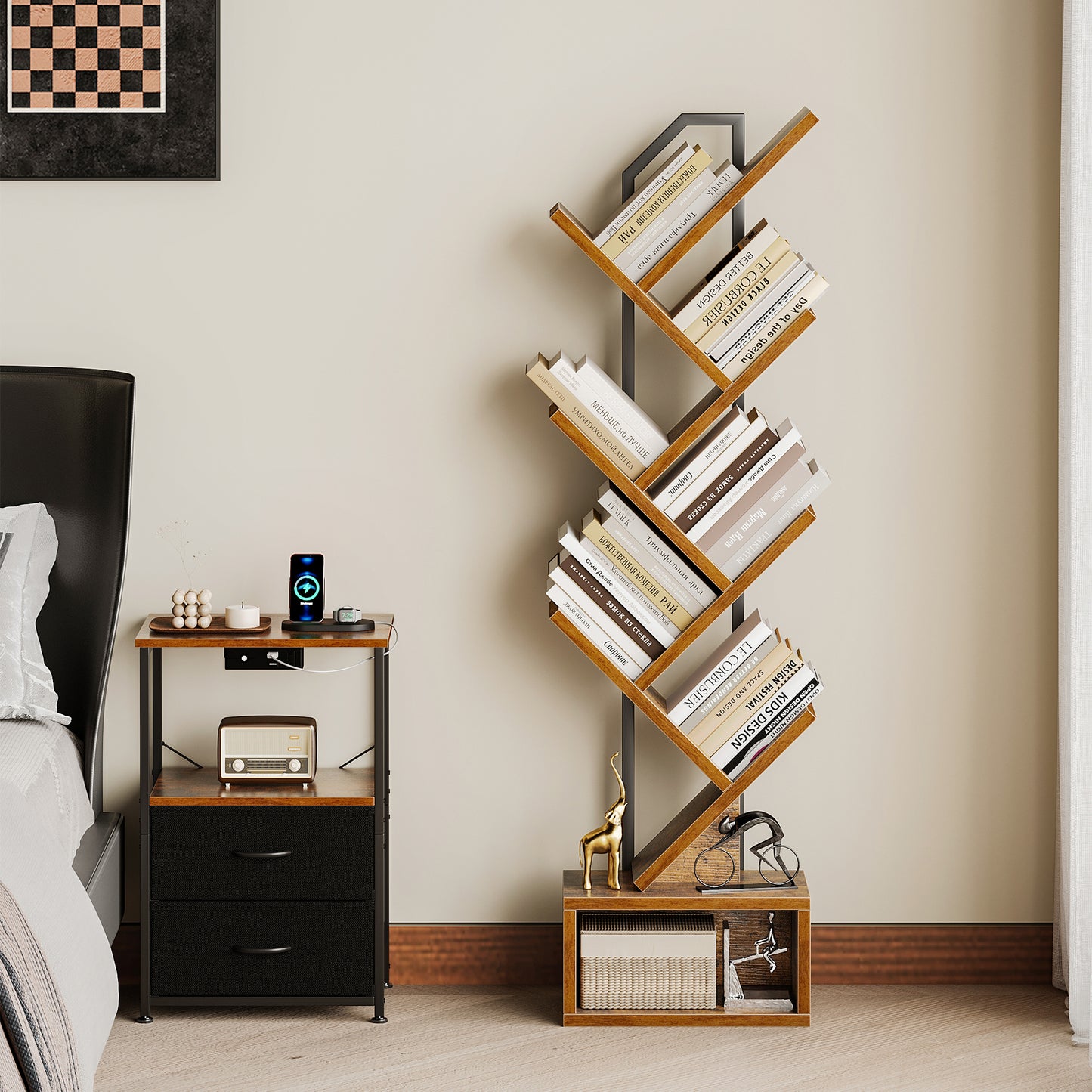 Casacomoda Tree Bookshelf - 6 Shelf Retro Floor Standing Bookcase, Tall Wood Book Storage Rack for CDs/Movies/Books, Utility Book Organizer Shelves for Bedroom, Living Room, Home Office
