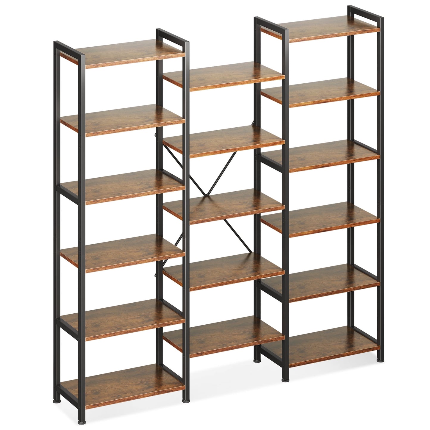 Casacomoda Triple Wide 6 Tier Bookshelf, Rustic Industrial Style Bookcases with 15 Open Display Shelves, Modern Tall Bookcase Furniture for Bedroom, Living Room and Home Office, Rustic Brown