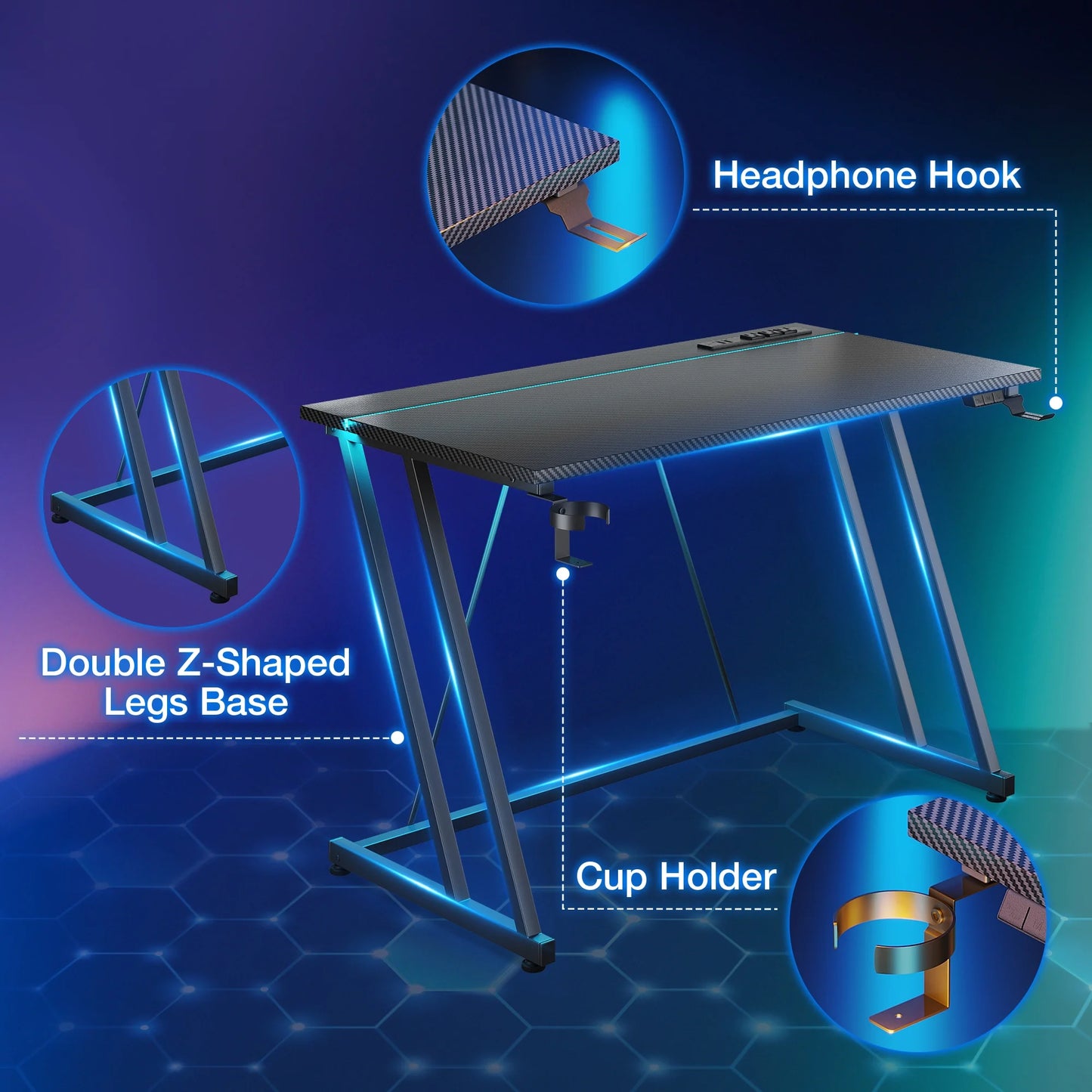 31.5 inch Gaming Desk with Z-Leg Design, Computer Desk with LED Light & Power Outlet, Gaming Table Suitable for Small Space, Black