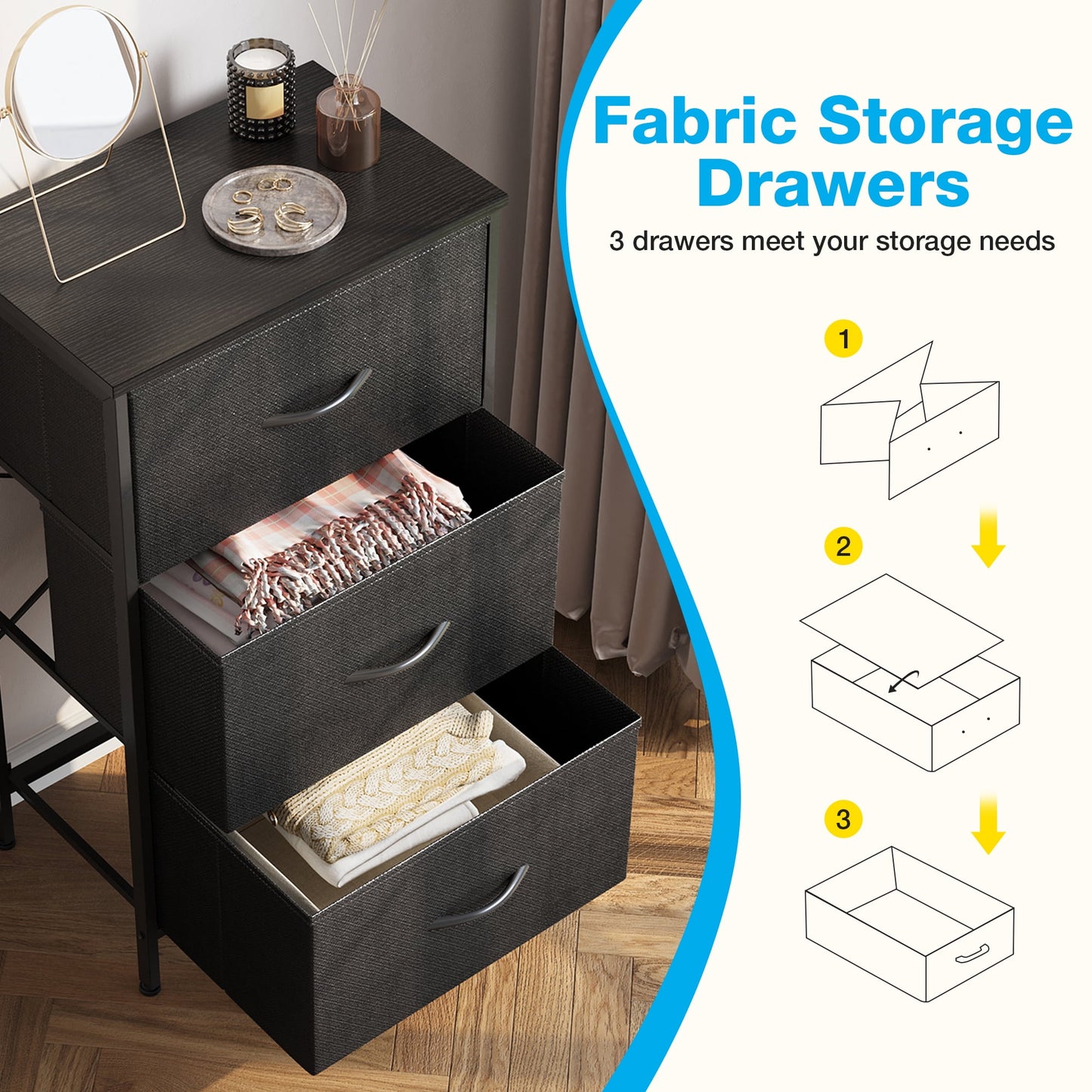 Casacomoda Dresser for Bedroom Nightstand Small Dresser Chest of Drawers End Table for Living Room, Closet Dresser with 3 Storage Drawers Organizer Clothes, Black
