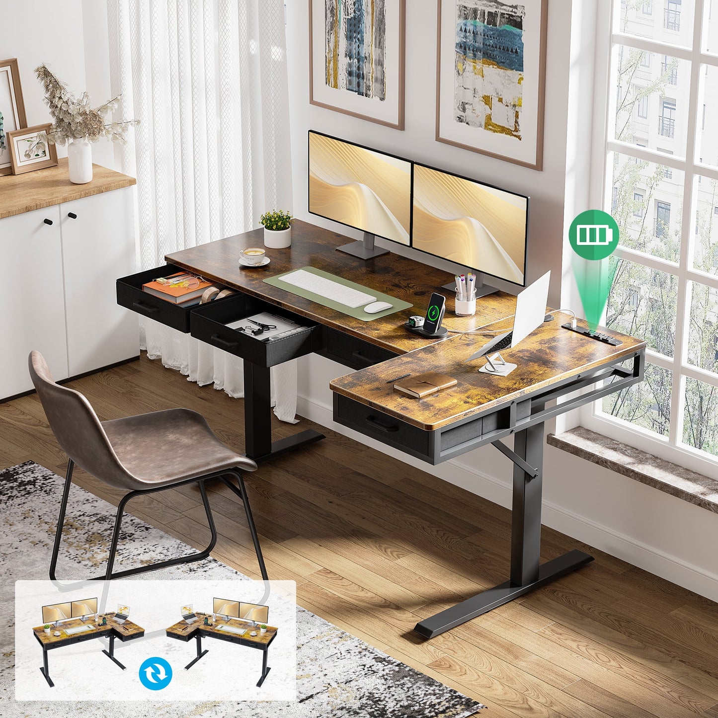 Electric Standing Desk with Drawers, 63 Inch Height Adjustable Desk with Power Outlets, Sit Stand Table, Writing Computer Desk for Home, Office, Workstation, Rustic Brown