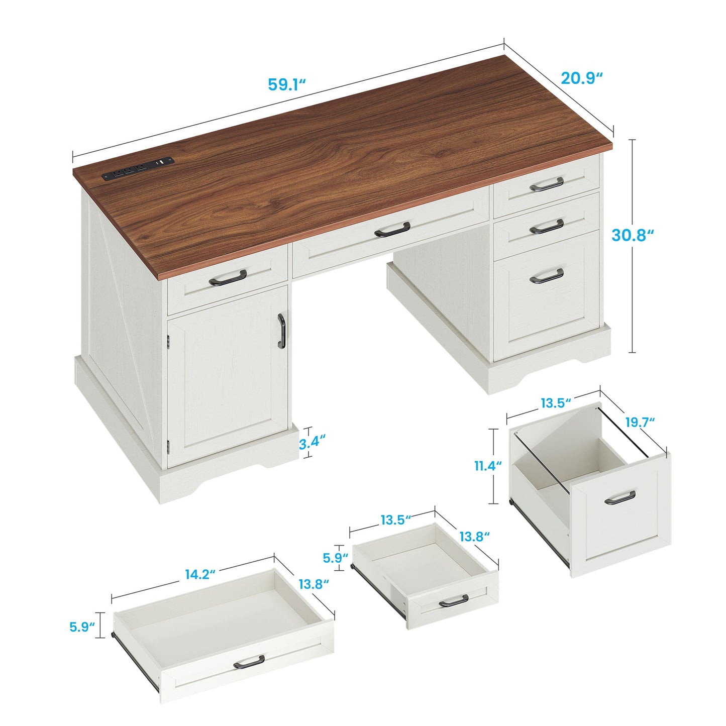 Casacomoda Home Office Desk with File Cabinet and Drawers, 59" Executive Desk with USB Power Outlet, Storage Cabinet for CPU, Workstation Table for Study, Walnut & Warm White