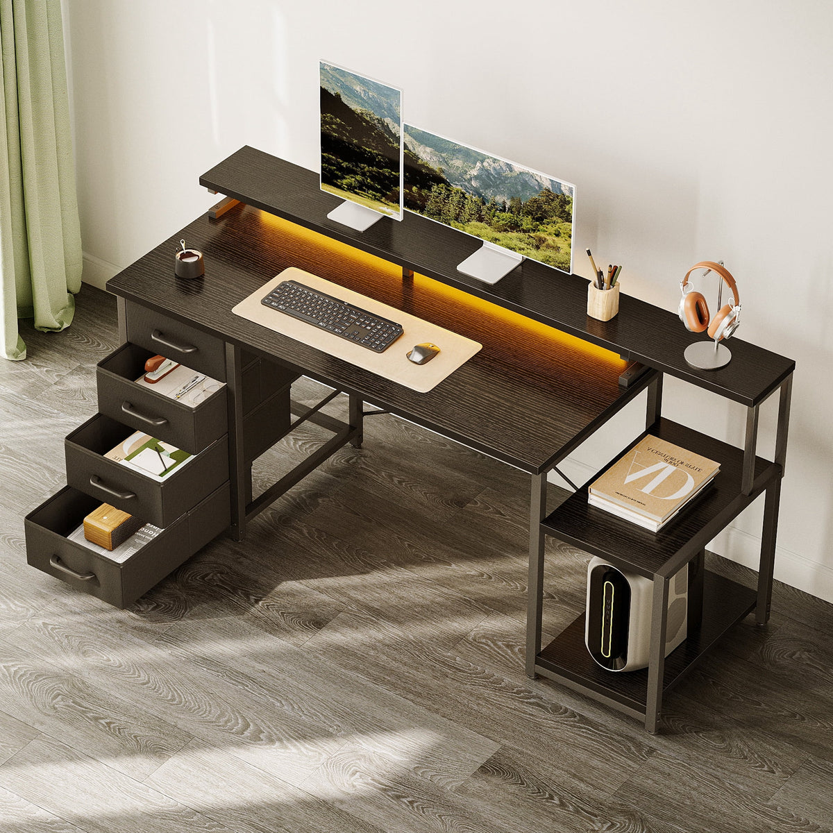 Casacomoda 55 Inch Computer Desk with LED Light, Monitor Stand, Desk with 4 Drawers, Home Office Desk with Storage Shelves, White Office Desks, Black