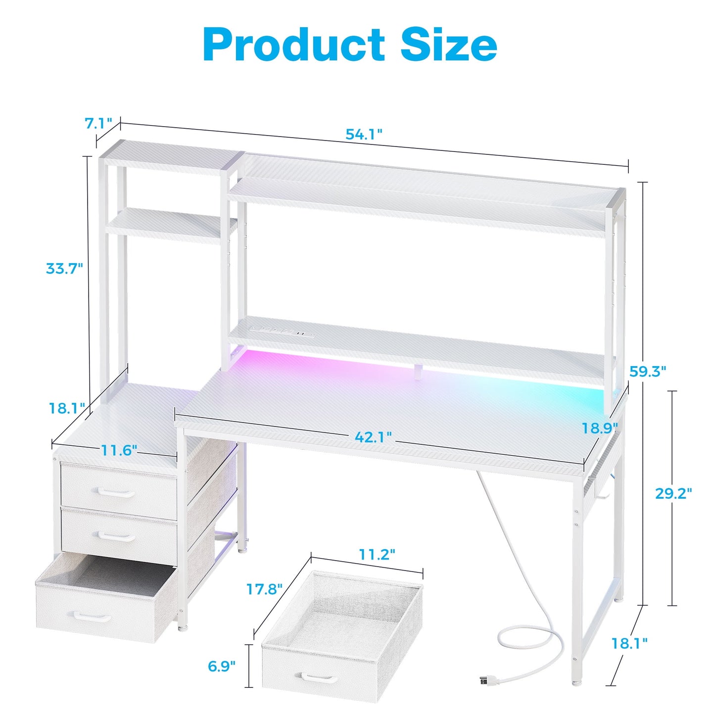 Casacomoda 55 inch Gaming Desk with LED Lights & Power Outlets, Home Office Desk with Reversible Storage Drawers & Monitor Shelves,White
