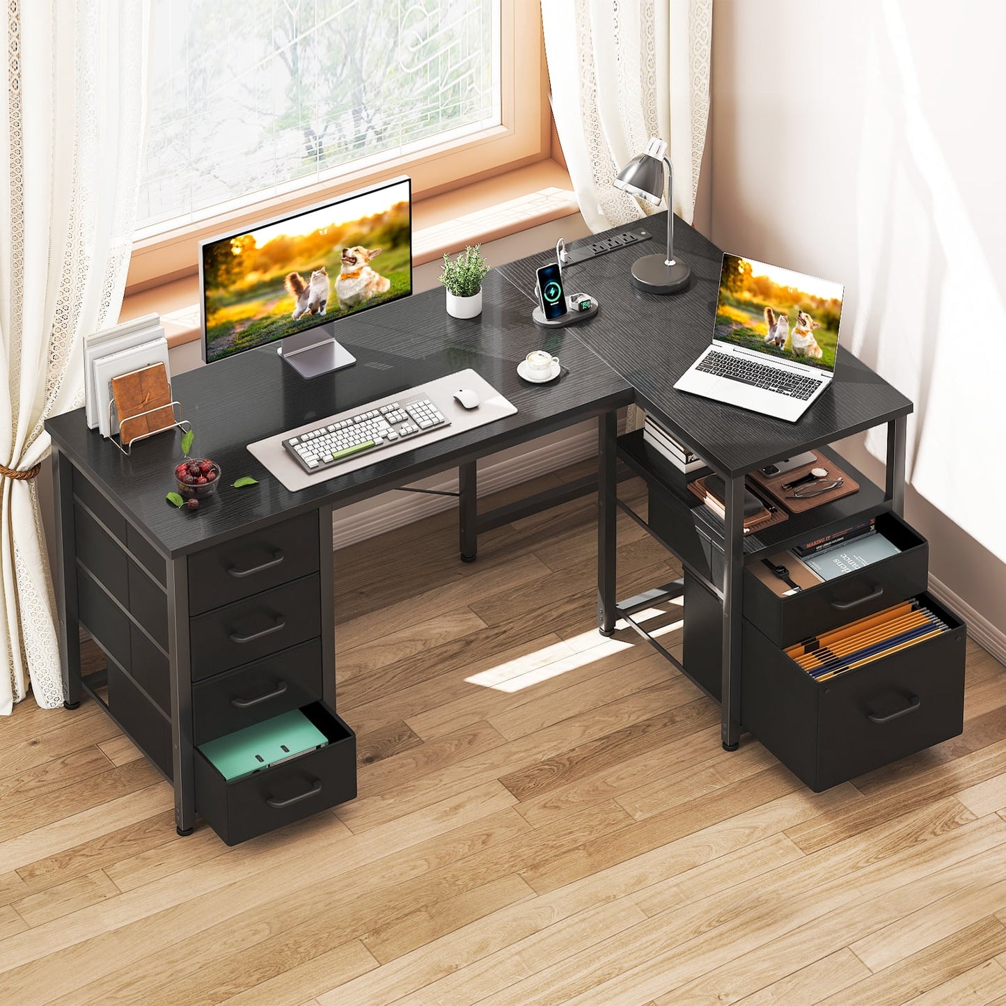 Casacomoda 55 inch Computer Desk with 5 Drawers and File Cabinet for Storage, Office Desk with Storage Shelf & Power Outlets, Home Office Desks, Black