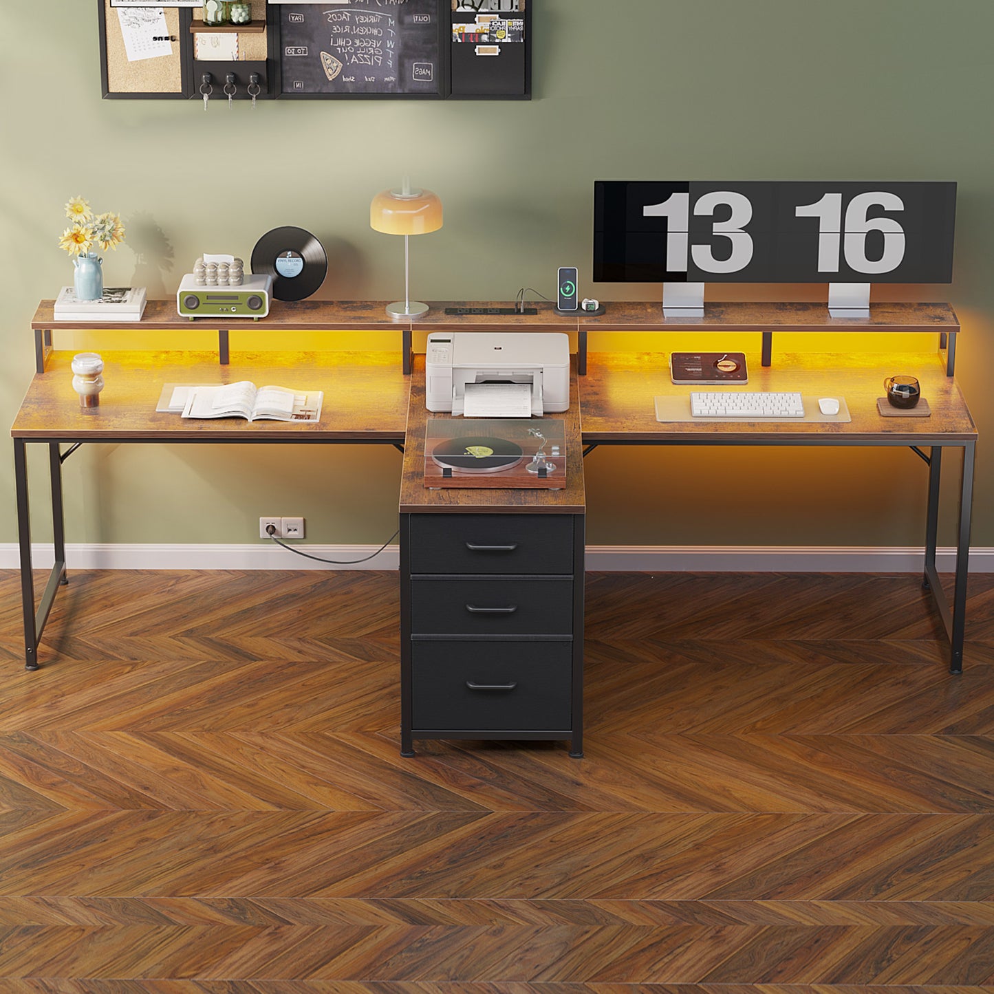 2 Person Desk with Power Outlet & LED Light, Extra Long Double Computer Desk with Fabric Drawers & File Cabinet, 94 Inch Writing Desk with Monitor Stand, T Shaped Gaming Desk, Vintage