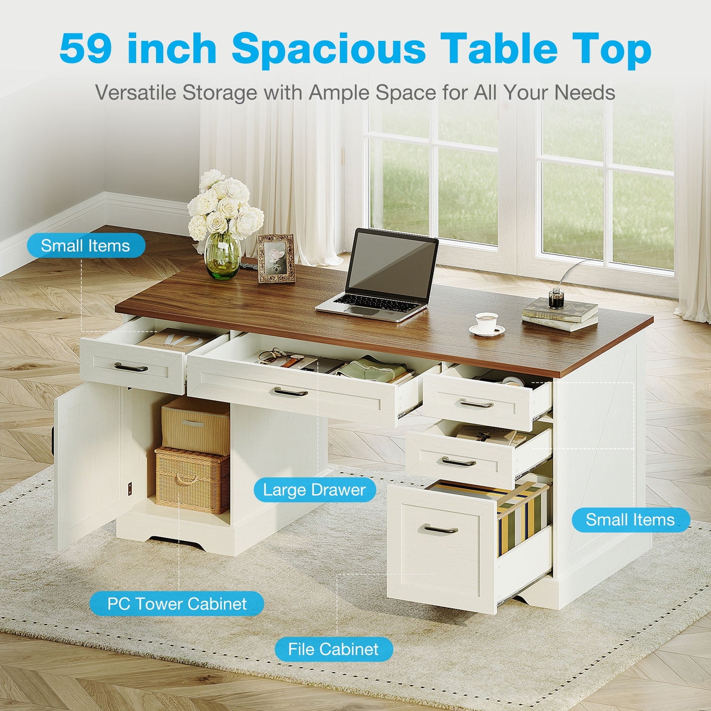 Casacomoda Home Office Desk with File Cabinet and Drawers, 59" Executive Desk with USB Power Outlet, Storage Cabinet for CPU, Workstation Table for Study, Walnut & Warm White