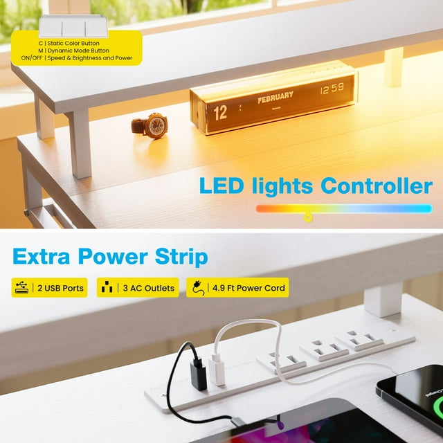Casacomoda Electric Standing Desk with Power Outlets and LED Lights, Adjustable Height Sit Stand Desk with Monitor Shelf & 3 Fabric Drawers for Home Office, White