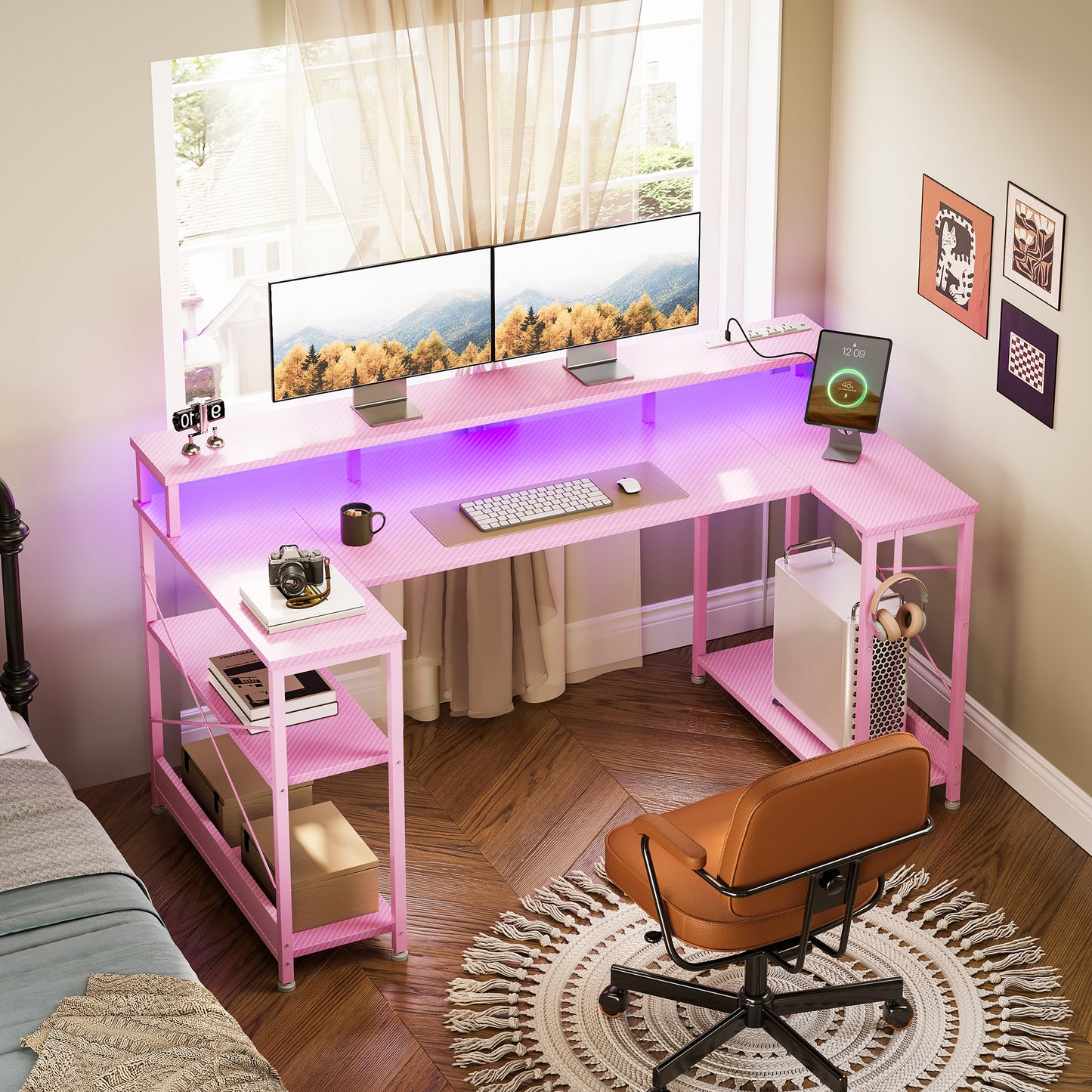 Casacomoda U-Shaped Computer Desk with Power Outlet & LED Lights, Home Ofiice Desk with Monitor Stand and 4 Open Shelves, Black
