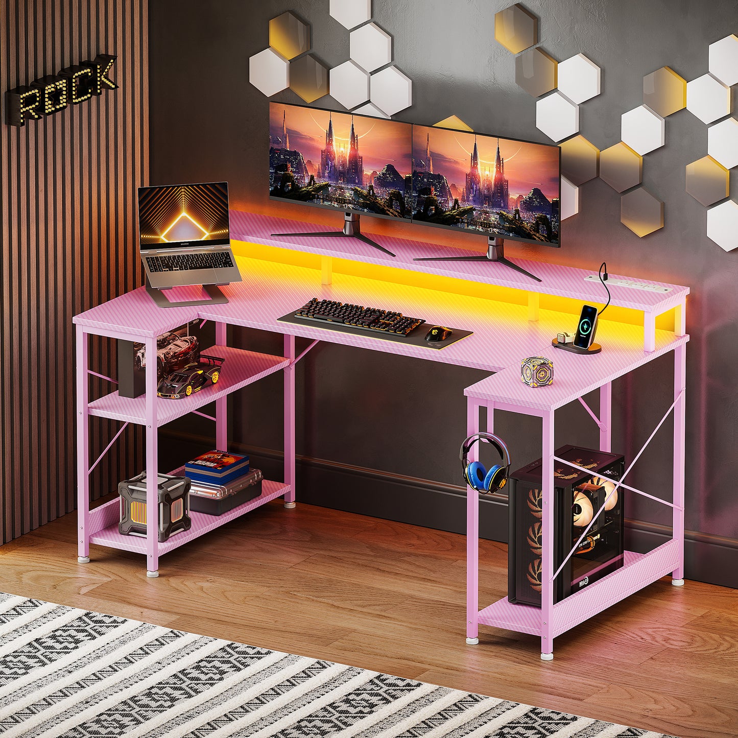 Casacomoda U-Shaped Computer Desk with Power Outlet & LED Lights, Home Ofiice Desk with Monitor Stand and 4 Open Shelves, Black