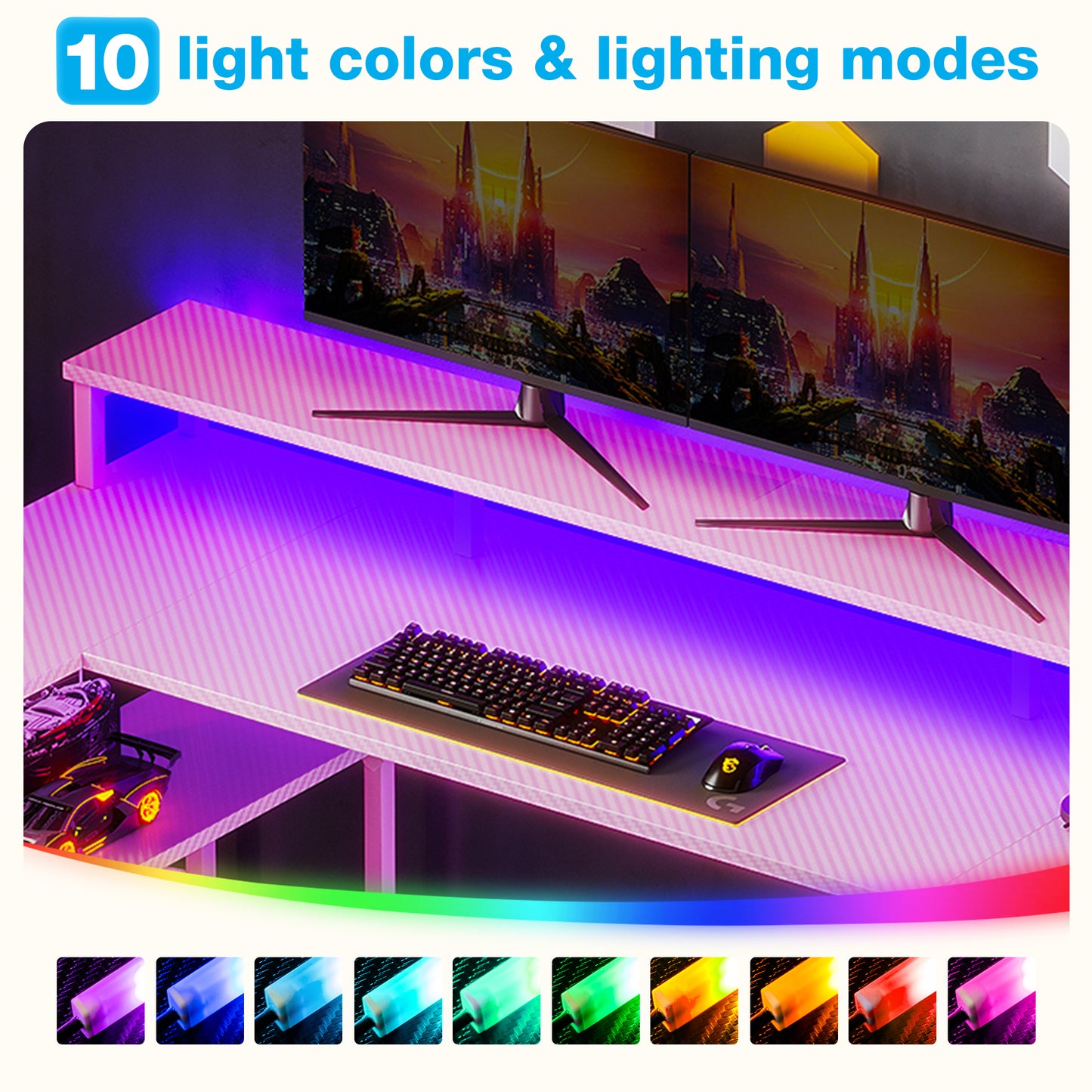 Casacomoda U-Shaped Computer Desk with Power Outlet & LED Lights, Home Ofiice Desk with Monitor Stand and 4 Open Shelves, Black