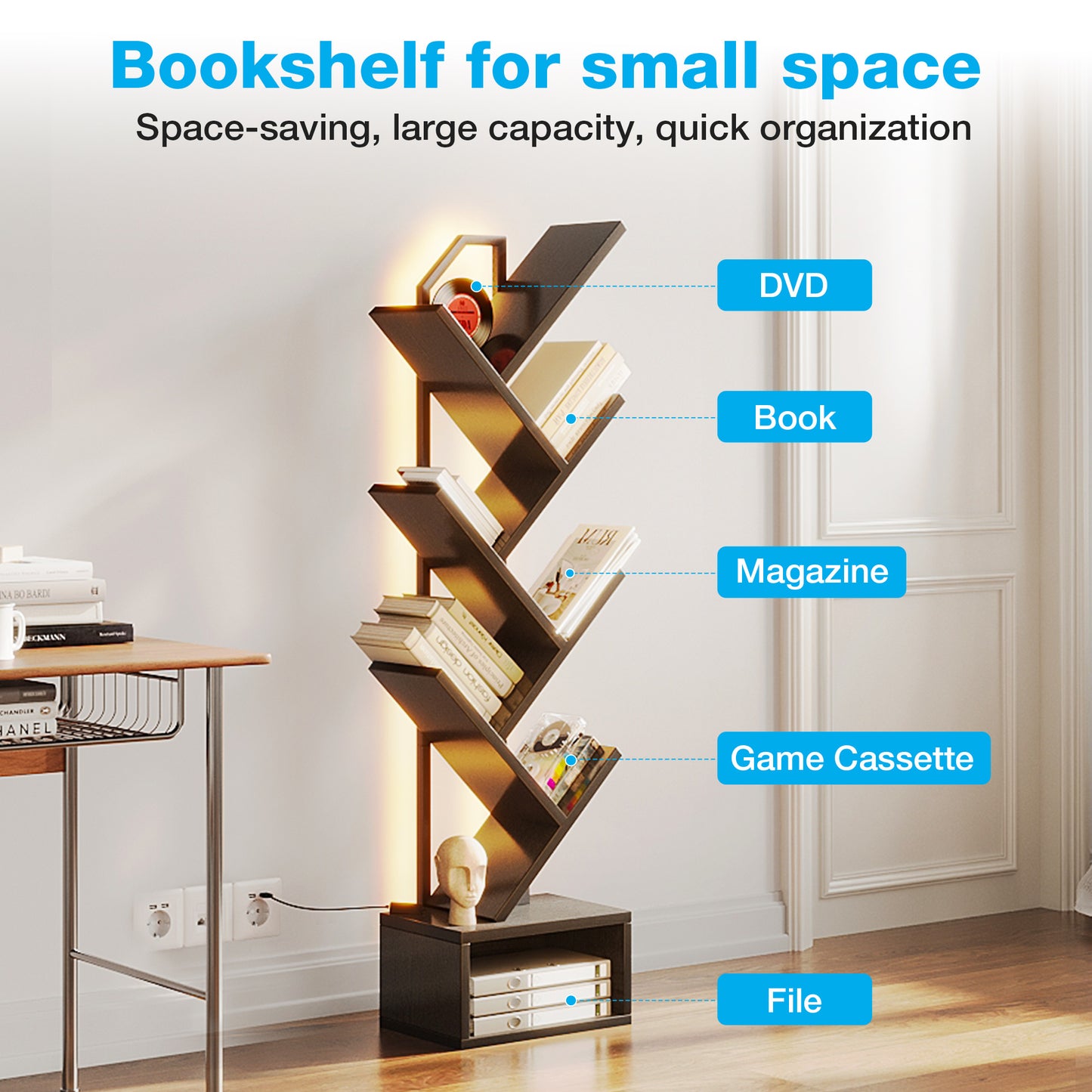 Casacomoda 6 Tier Tree Bookshelf, Bookcase with LED Lights, Display Floor Standing Storage Shelf, Book Organizer Shelves for Home Office, Living Room, Black