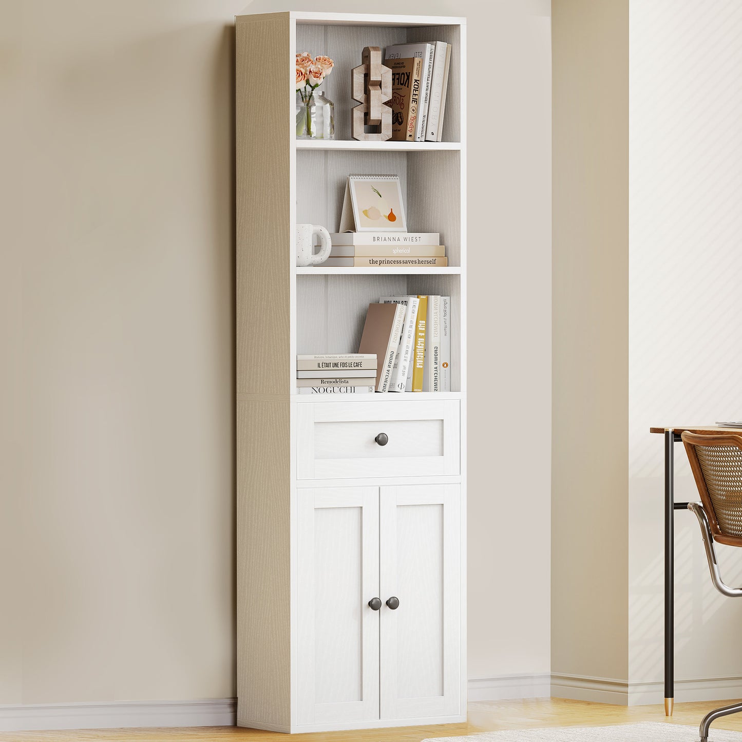 Casacomoda 5-Tier Bookcase with Drawer and Cabinet, Modern Bookshelf for Home Office, Living Room or Bedroom, Easy Assembly & Stable Structure, White