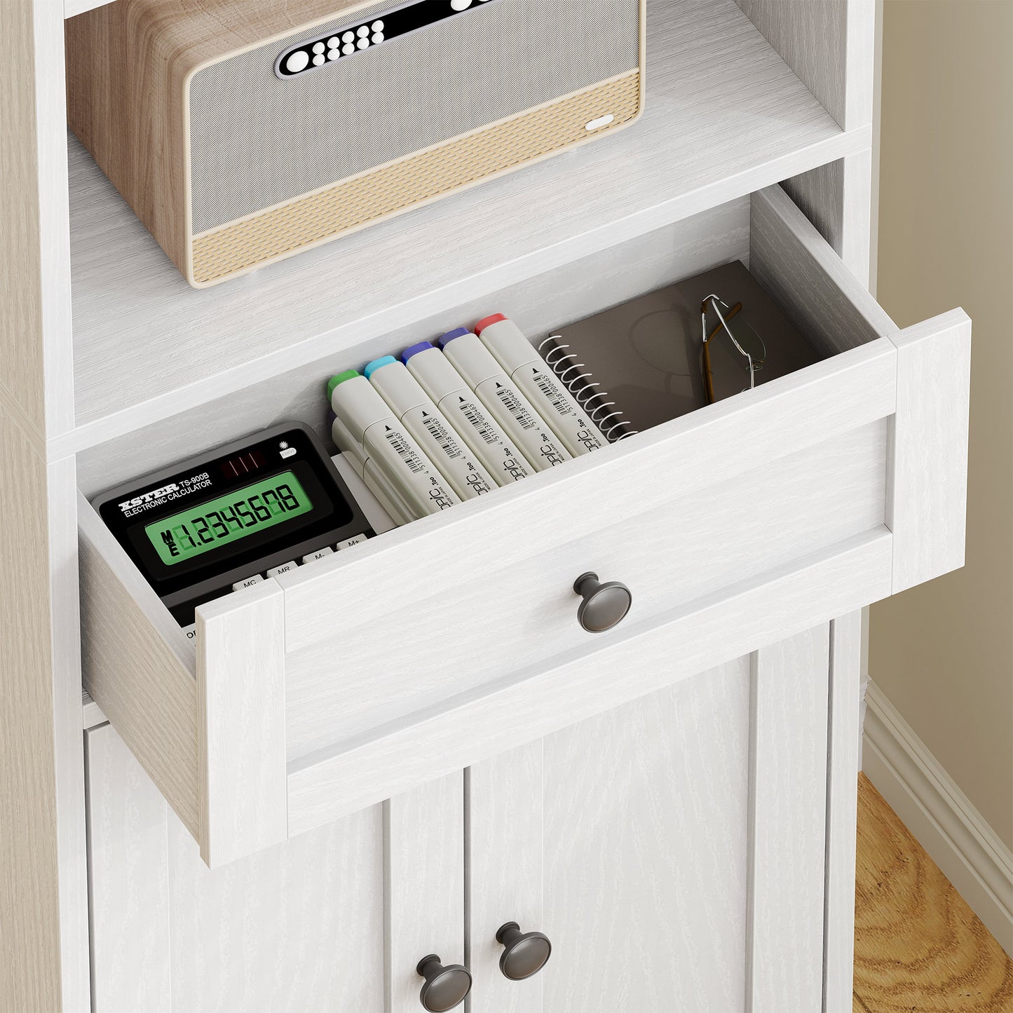 Casacomoda 5-Tier Bookcase with Drawer and Cabinet, Modern Bookshelf for Home Office, Living Room or Bedroom, Easy Assembly & Stable Structure, White