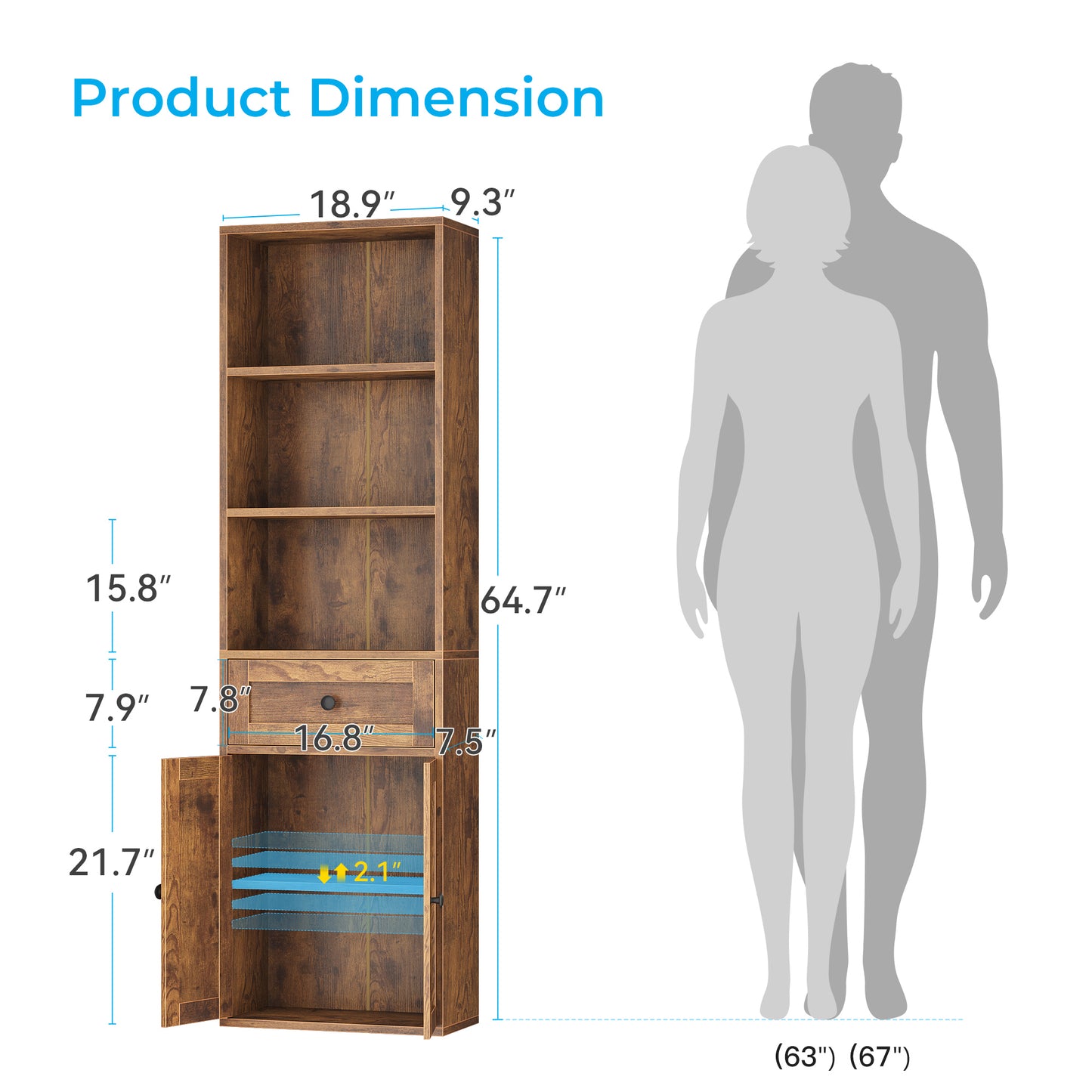 Casacomoda 5-Tier Bookcase with Drawer and Cabinet, Modern Bookshelf for Home Office, Living Room or Bedroom, Easy Assembly & Stable Structure, Vintage
