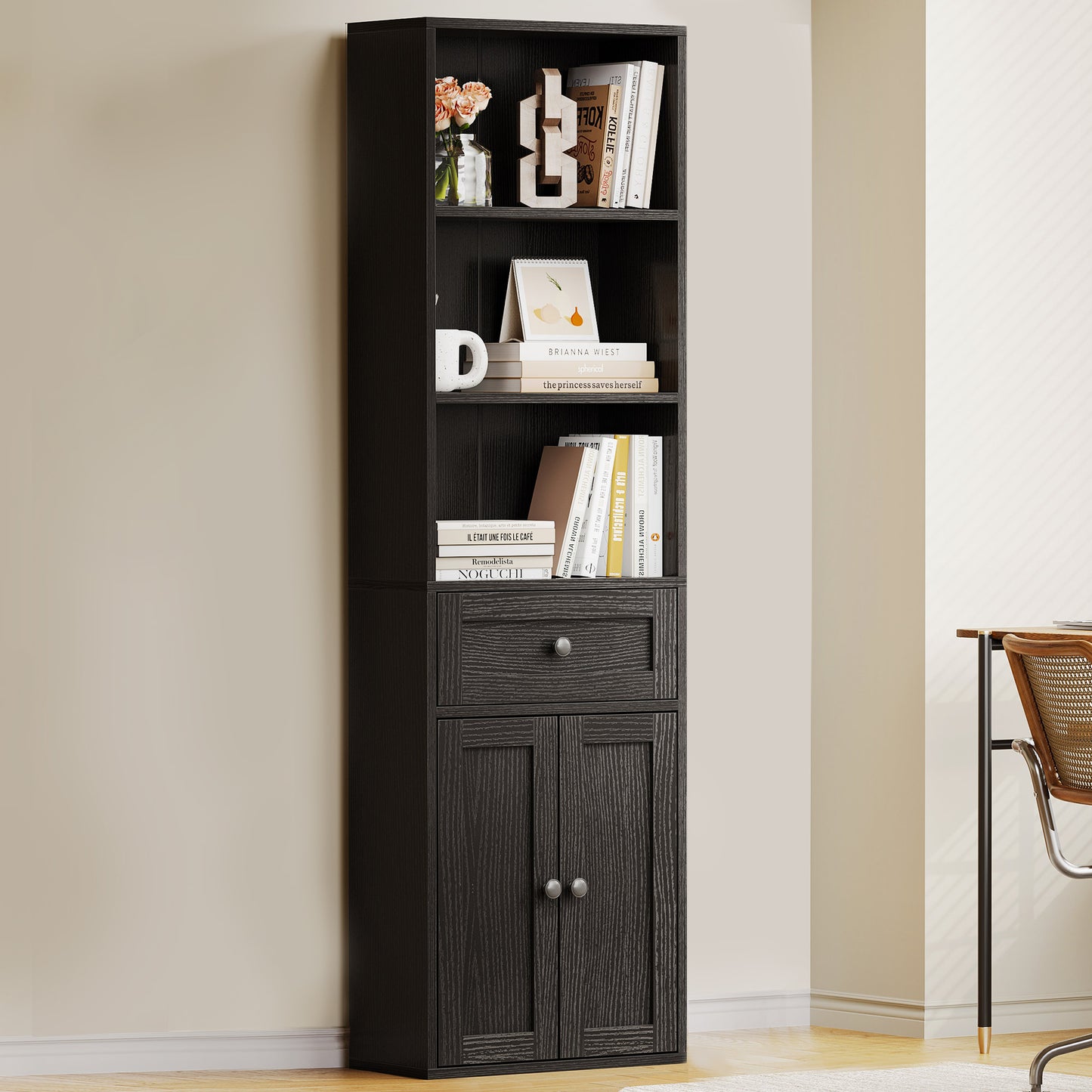 Casacomoda 5-Tier Bookcase with Drawer and Cabinet, Modern Bookshelf for Home Office, Living Room or Bedroom, Easy Assembly & Stable Structure, Black