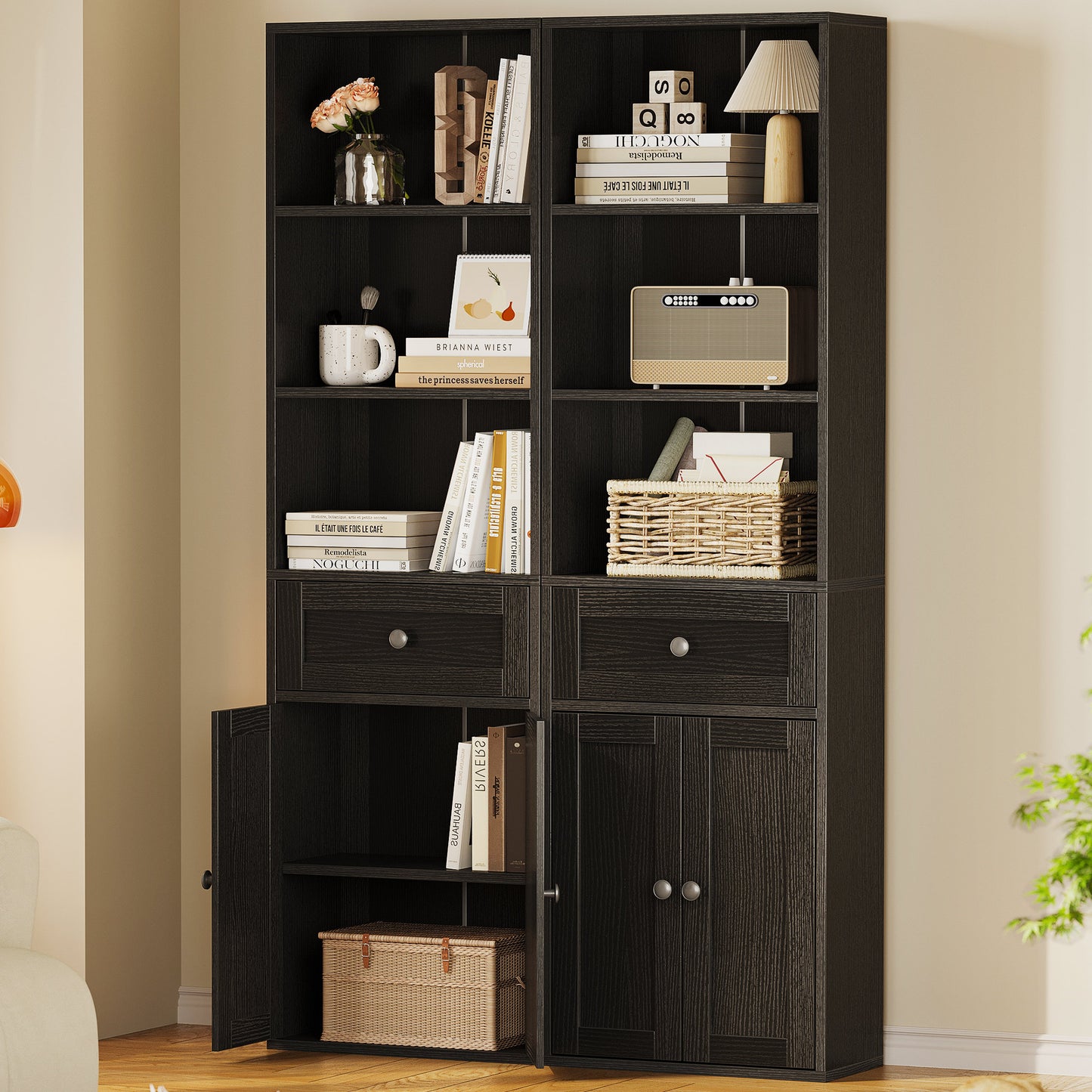 Casacomoda 5-Tier Bookcase with Drawer and Cabinet, Modern Bookshelf for Home Office, Living Room or Bedroom, Easy Assembly & Stable Structure, Black