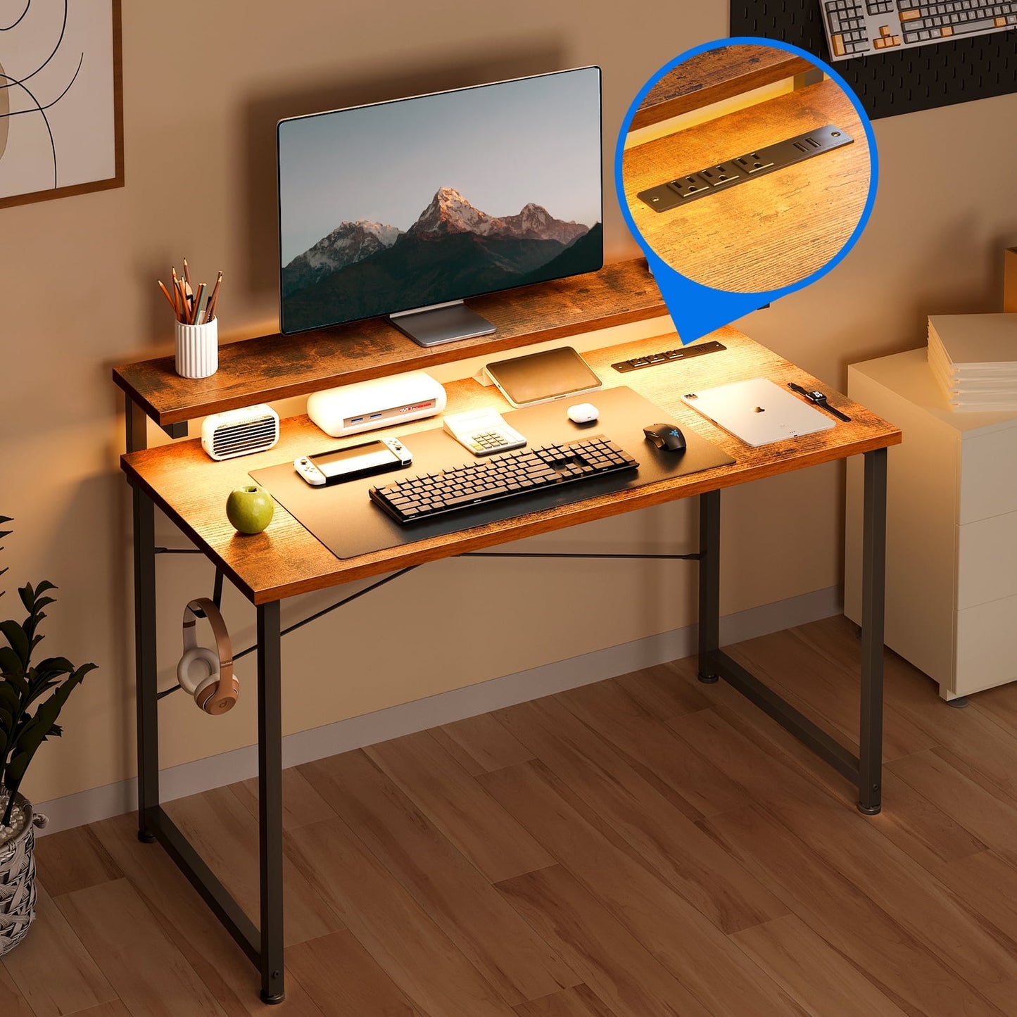 Casacomoda 48 inch Computer Desk with Monitor Stand, Home Office Desk with Charging Station & LED Light, Simple Modern Style Laptop Desk for Small Space, Vintage