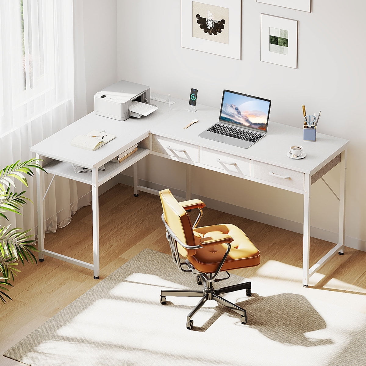 Casacomoda 48 inch L Shaped Computer Desk with 3 Drawers, Corner Desk with Power Outlets & Reversible Storage Shelves, Simple Computer Desk for Home Office Gaming, White