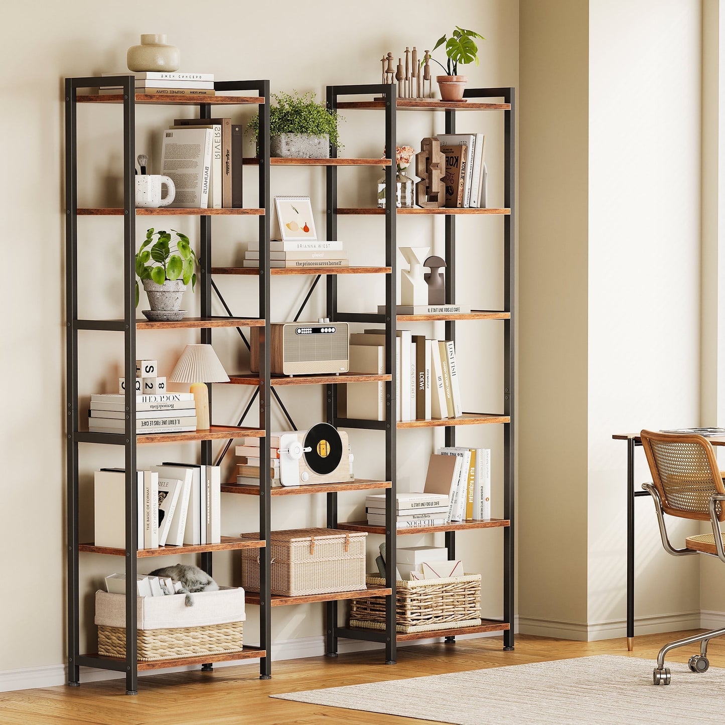 Casacomoda Triple Wide 6 Tier Bookshelf, Rustic Industrial Style Bookcases with 15 Open Display Shelves, Modern Tall Bookcase Furniture for Bedroom, Living Room and Home Office, Rustic Brown