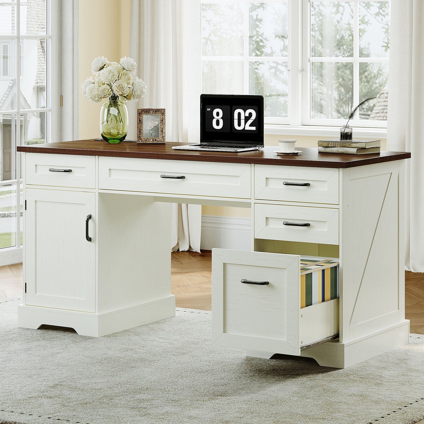 Casacomoda Home Office Desk with File Cabinet and Drawers, 59" Executive Desk with USB Power Outlet, Storage Cabinet for CPU, Workstation Table for Study, Walnut & Warm White