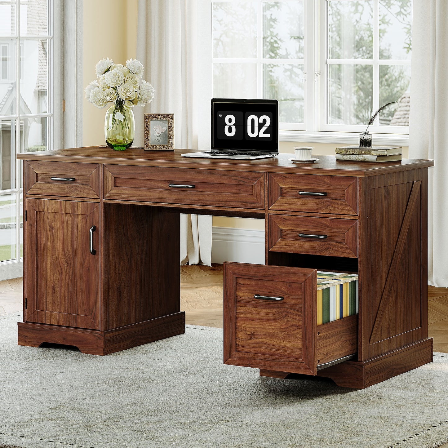 Casacomoda Home Office Desk with File Cabinet and Drawers, 59" Executive Desk with USB Power Outlet, Storage Cabinet for CPU, Workstation Table for Study, Rich Cherry