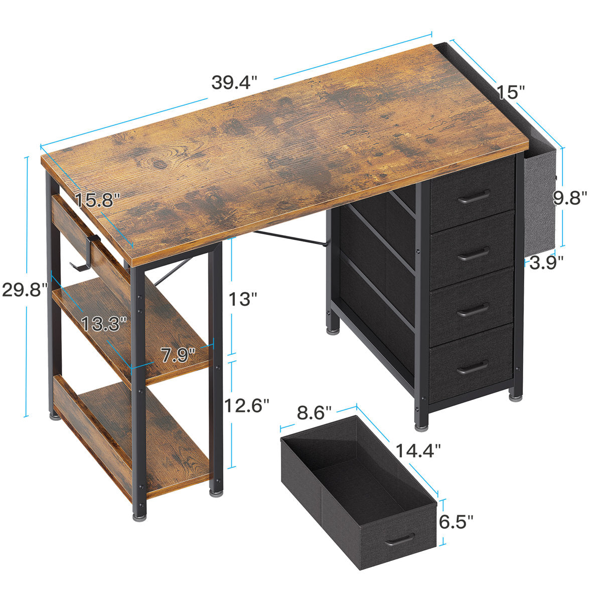 Home Office Desk with 4-Tier Fabric Drawers, Writing Table with Spacious Storage Shelves and Versatile Corner Hook,Black