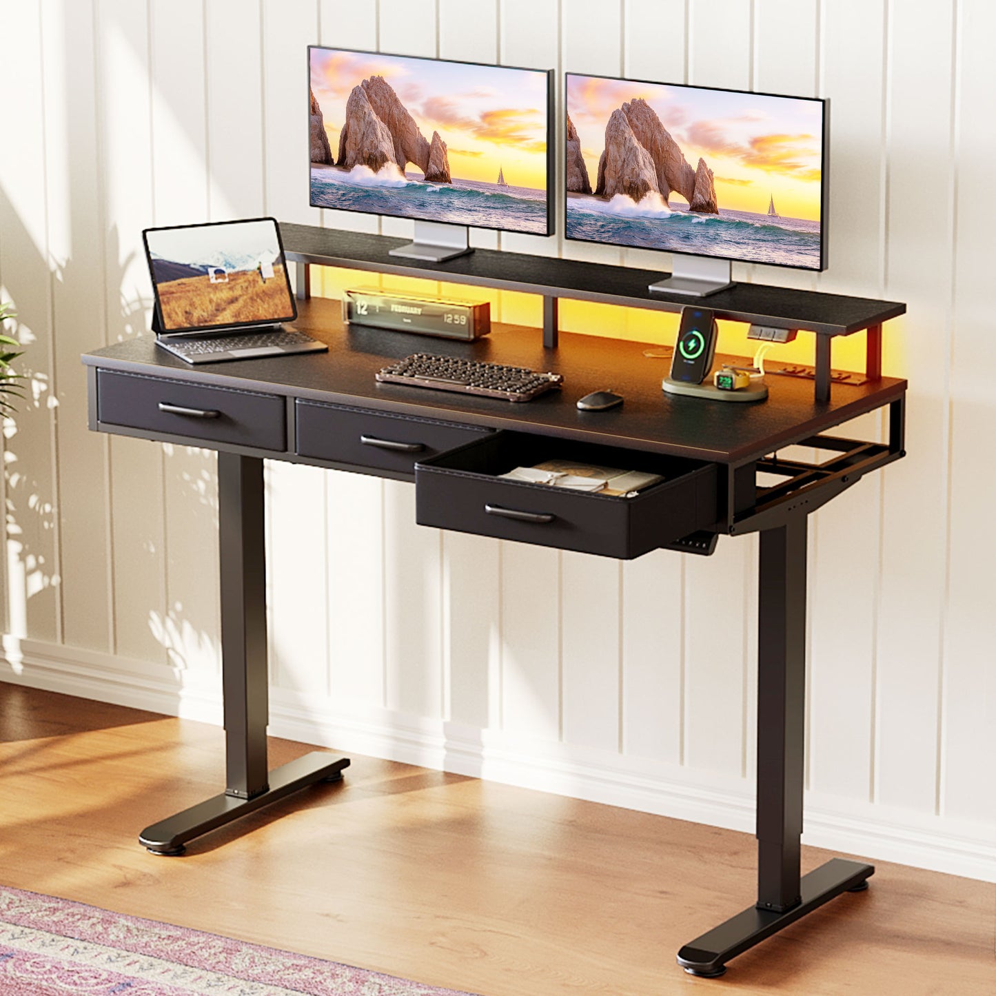 Casacomoda Electric Standing Desk with Power Outlets and LED Lights, Adjustable Height Sit Stand Desk with Monitor Shelf & 3 Fabric Drawers for Home Office, Black