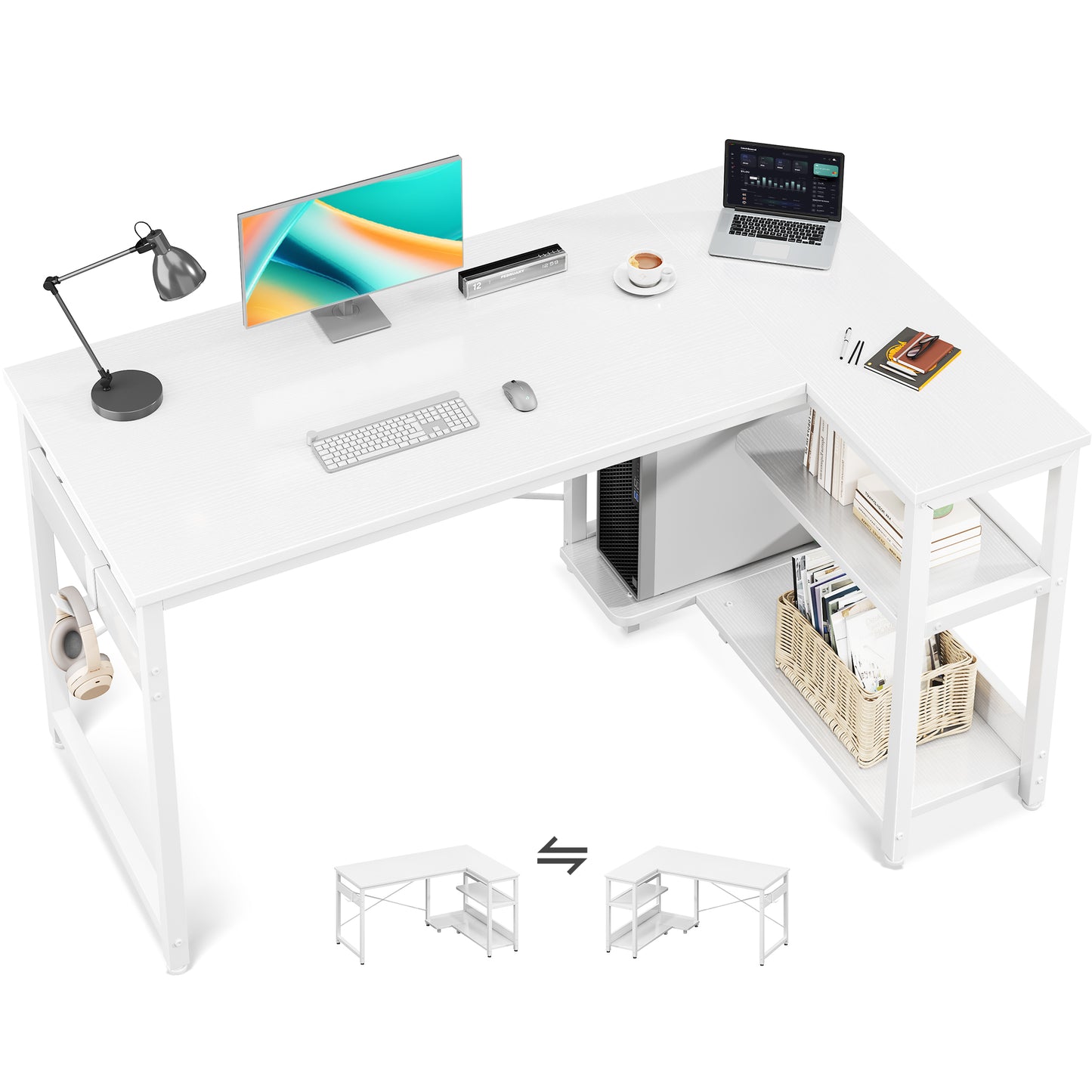 Casacomoda L Shaped Computer Desk with Power Outlet Shelves, 48 Inch Big Reversible Corner Desk for Small Space Home Office, L-Shaped Desk PC Desks, White