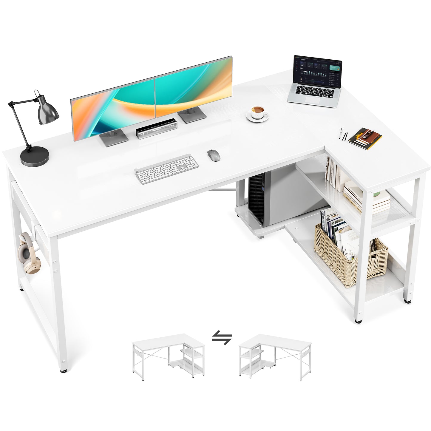 Casacomoda L Shaped Computer Desk with Power Outlet Shelves, 55 Inch Big Reversible Corner Desk for Small Space Home Office, L-Shaped Desk PC Desks, White