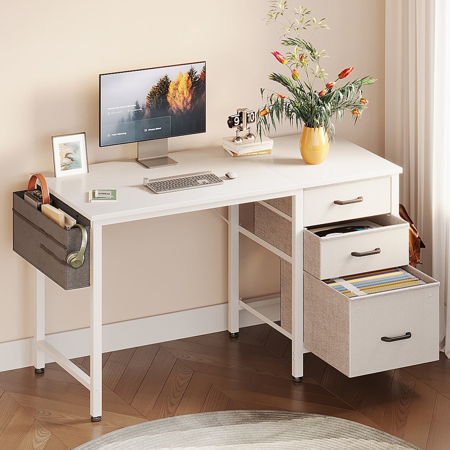 Casacomoda 40" Small Computer Desk with Fabric Drawers & File Cabinet, Home Office Desk with Cloth Storage Bag and Hook, Writing Study Work Table for Small Space, Vanity Desk for Bedroom, White