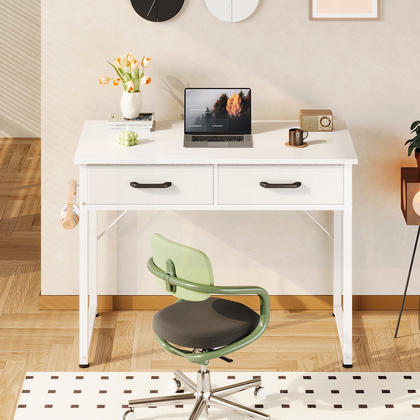Casacomoda 32 Inch Writing Desk with 2 Fabric Drawers, Modern Study Table with Storage, Small Computer Desk for Small Space, Home Office Desk, Pure White