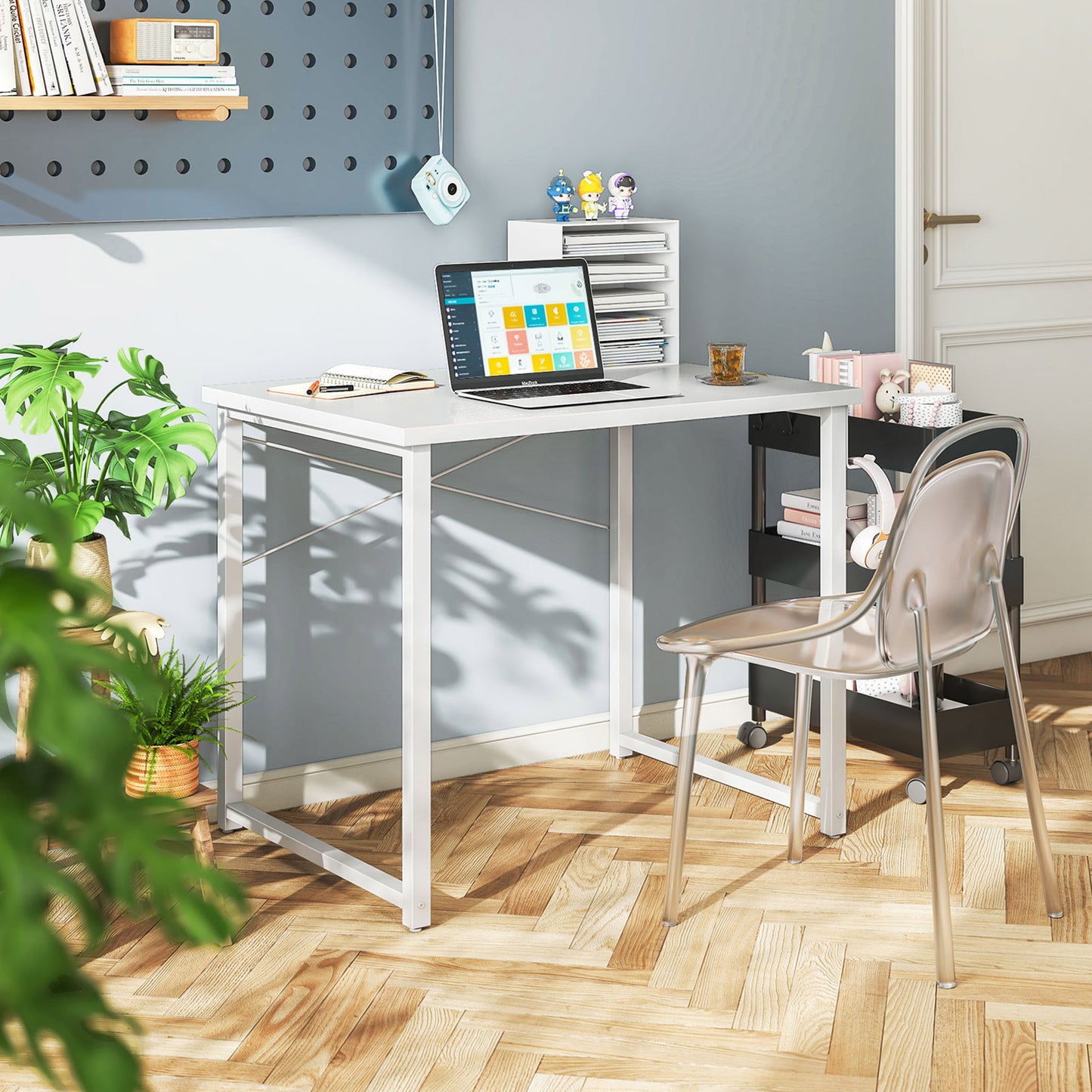 Casacomoda Small Computer Desk - 32 Inch Writing Table with Headphone Hooks for Home Office, Pure White
