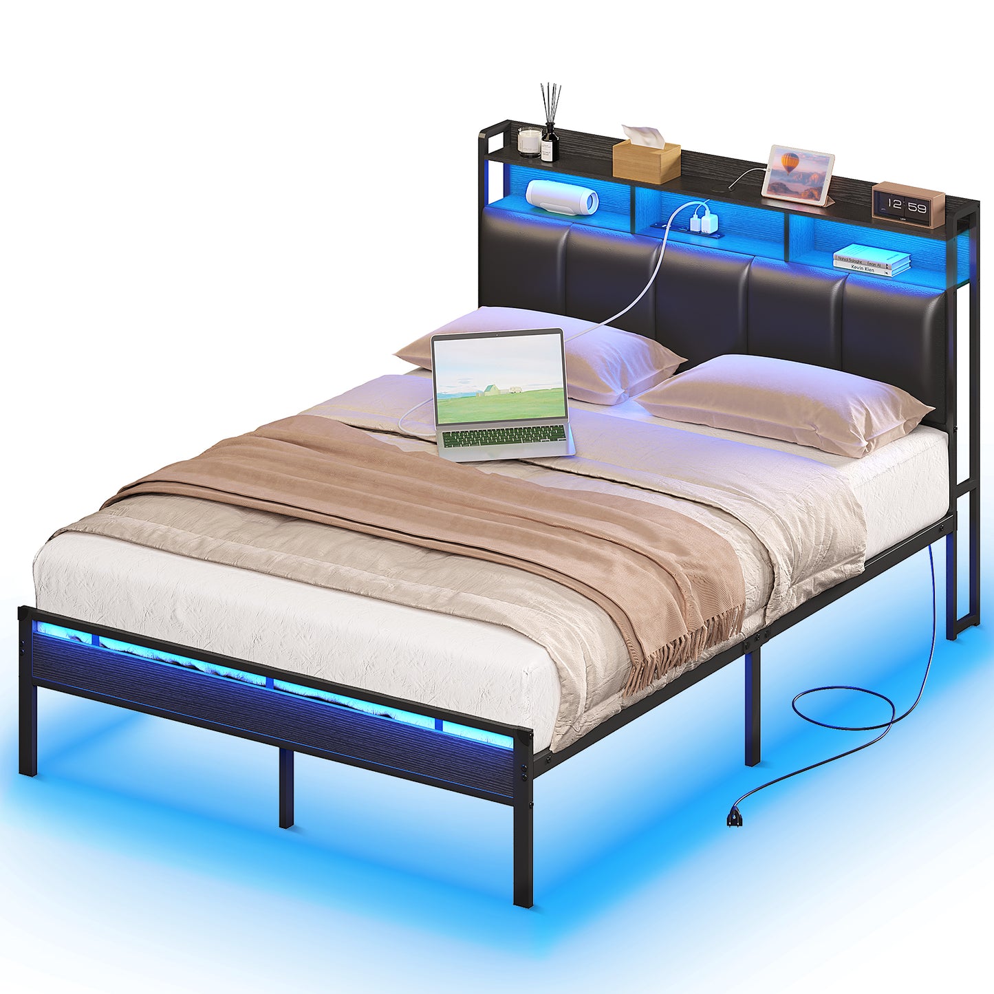 Queen Size Bed Frame with Storage Headboard & LED Light, Upholstered Platform Bed with Power Outlets, Heavy Duty Frame Support, Noise Free, No Box Spring Needed, Black