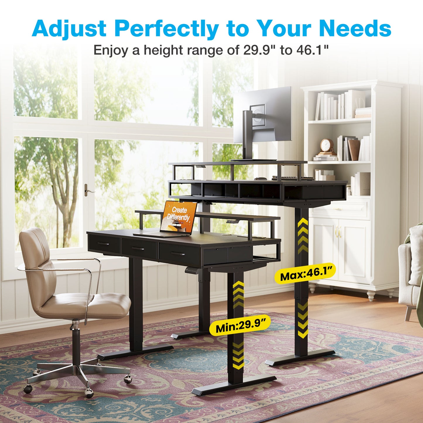 Casacomoda Electric Standing Desk with Power Outlets and LED Lights, Adjustable Height Sit Stand Desk with Monitor Shelf & 3 Fabric Drawers for Home Office, Black