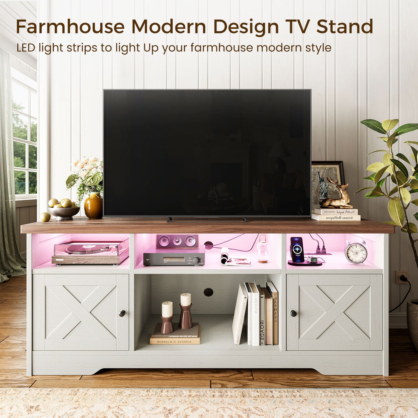 Farmhouse LED TV Stand for 65 Inch TV, Entertainment Center with Power Outlet, Media Console with Storage Cabinets and Shelves, White