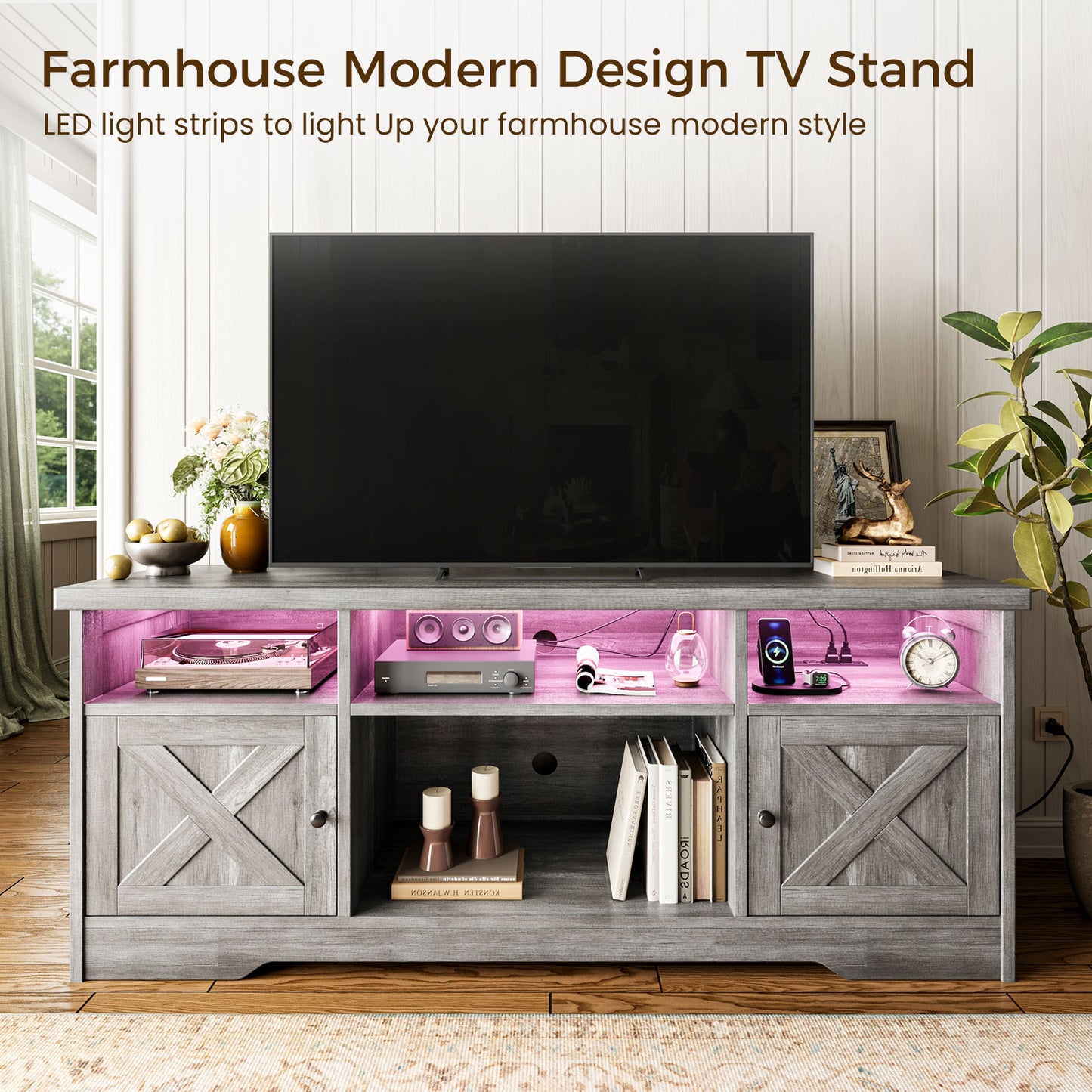 Farmhouse LED TV Stand for 65 Inch TV, Entertainment Center with Power Outlet, Media Console with Storage Cabinets and Shelves, Gray Oak