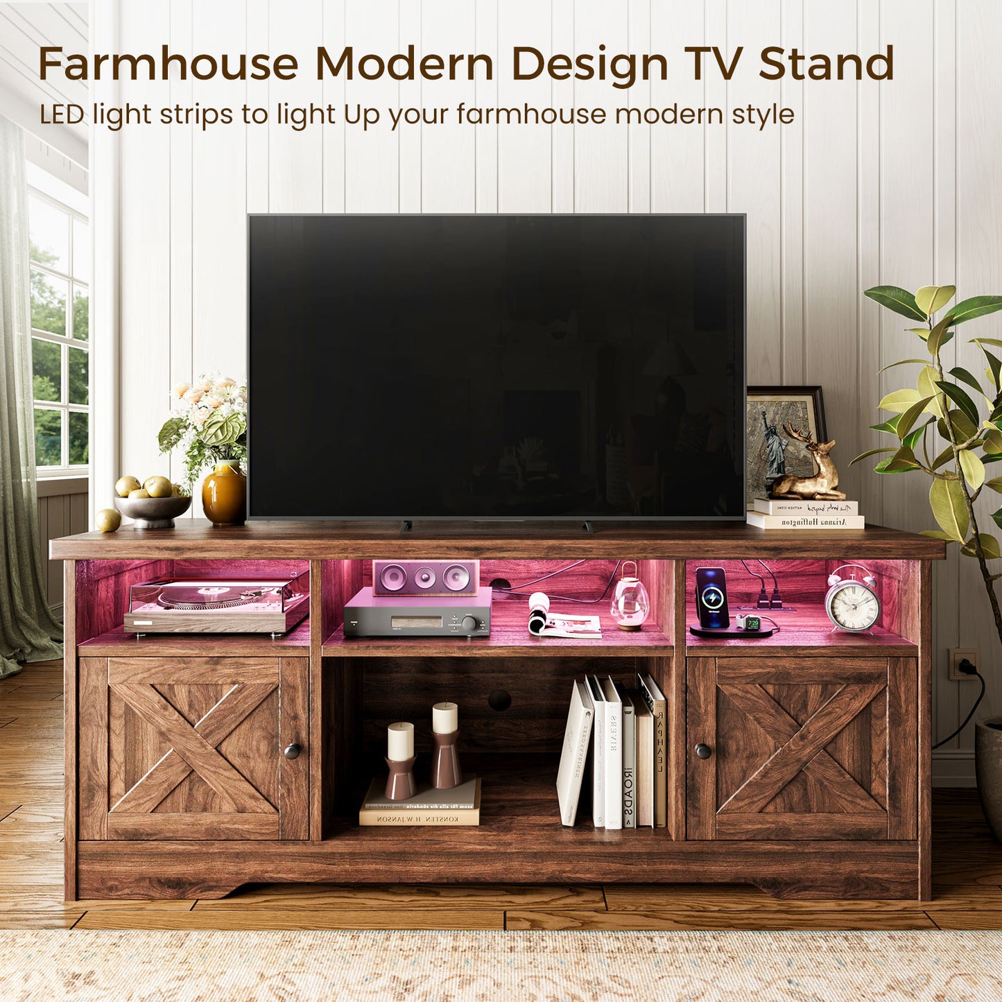 Farmhouse LED TV Stand for 65 Inch TV, Entertainment Center with Power Outlet, Media Console with Storage Cabinets and Shelves, Walnut
