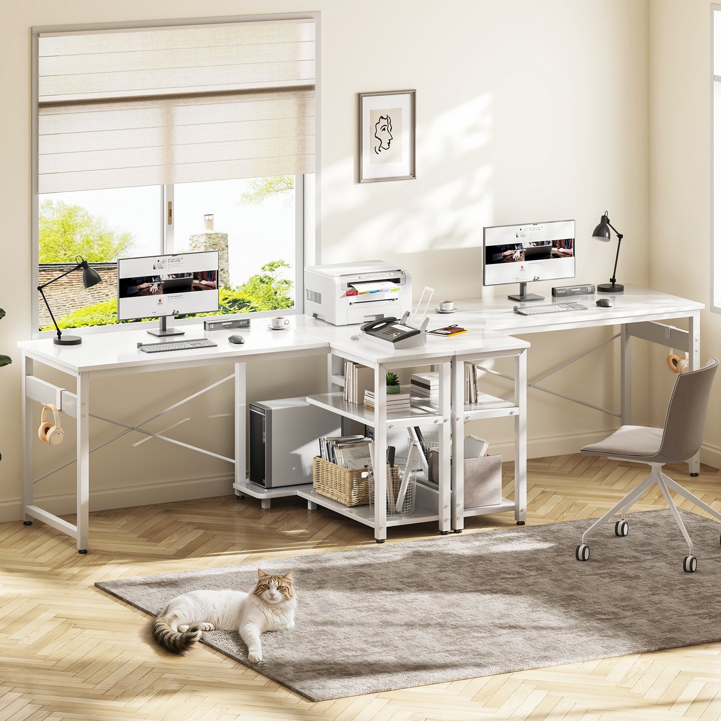 Casacomoda L Shaped Computer Desk with Power Outlet Shelves, 48 Inch Big Reversible Corner Desk for Small Space Home Office, L-Shaped Desk PC Desks, White