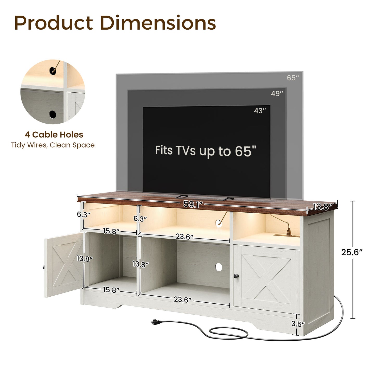 Farmhouse LED TV Stand for 65 Inch TV, Entertainment Center with Power Outlet, Media Console with Storage Cabinets and Shelves, White